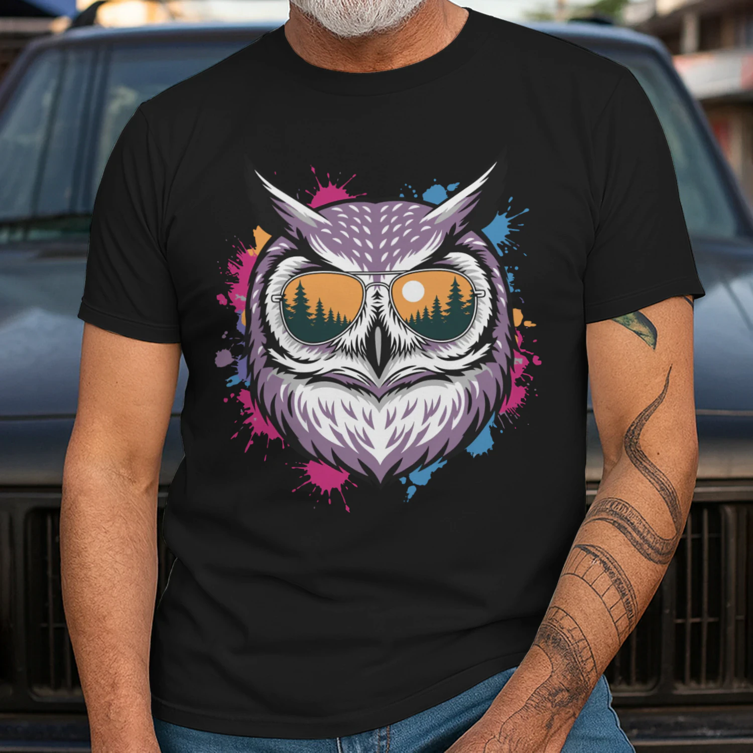 Colorful Owl Aviator Sunglasses Paint Splatter Sunset Forest