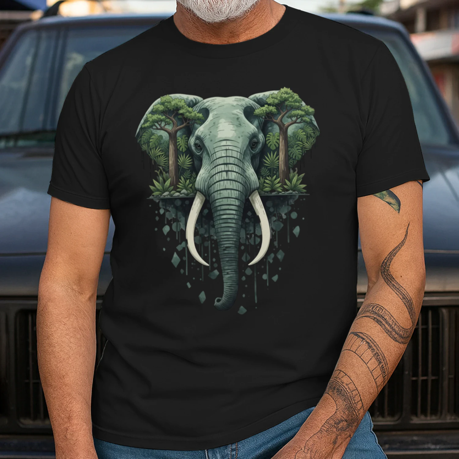 Majestic Elephant Tropical Jungle Baobab Trees Double Exposure Graphic
