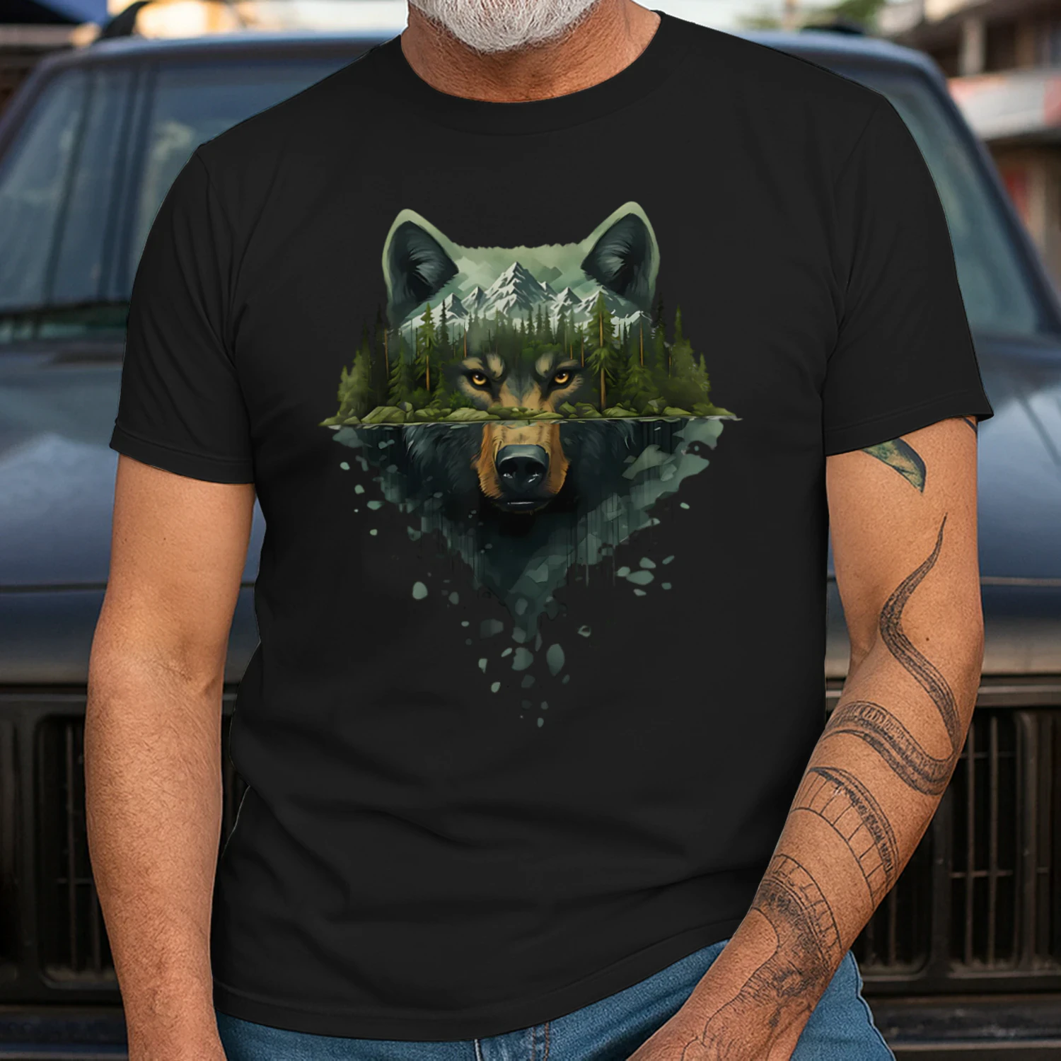 Majestic Wolf Mountain Forest Water Reflection Double Exposure Graphic