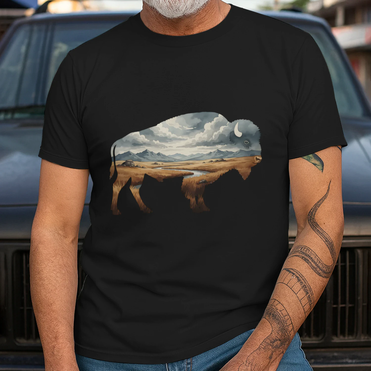 Majestic American Bison Buffalo Silhouette Great Plains Mountain River Double Exposure Graphic