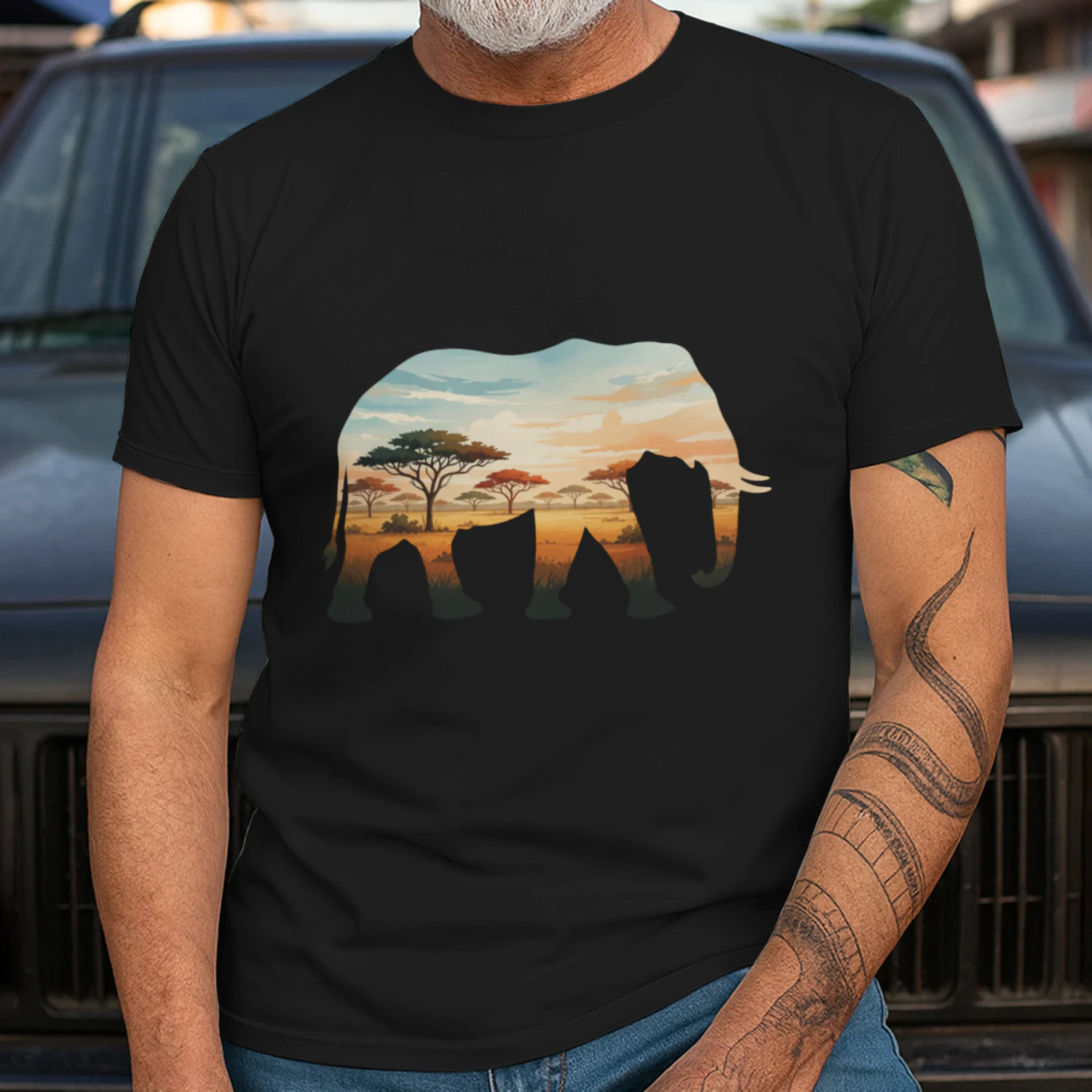 Majestic Elephant Silhouette African Savannah Sunset Acacia Trees Double Exposure Graphic