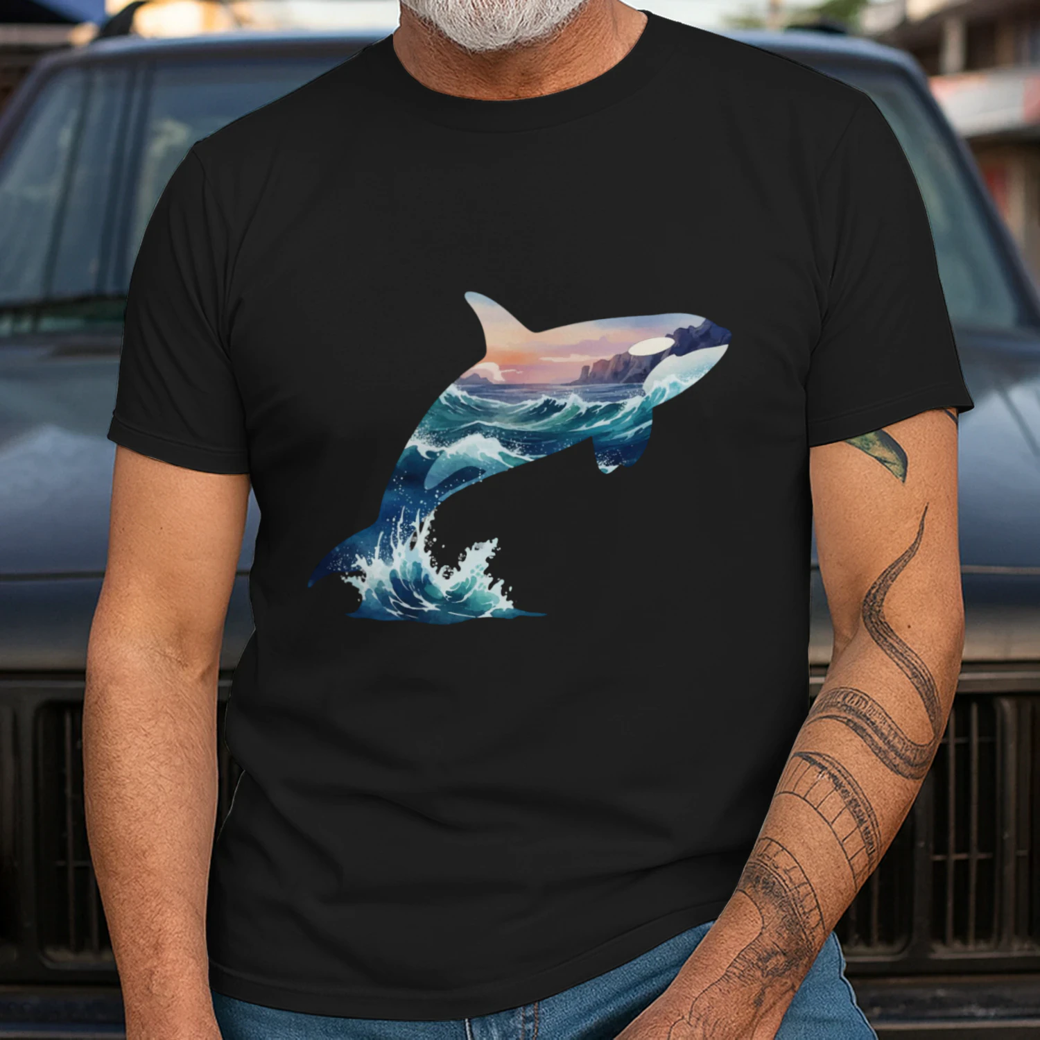 Majestic Jumping Orca Killer Whale Ocean Waves Sunset Double Exposure Graphic