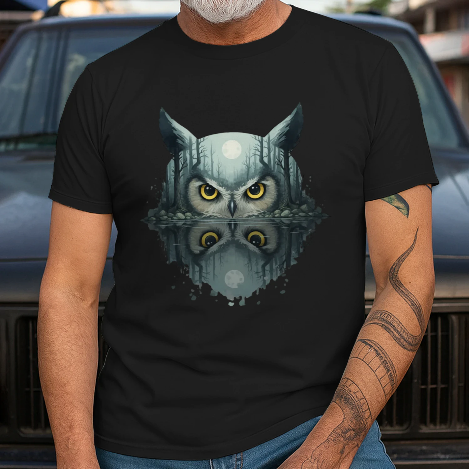 Mysterious Owl Night Forest Full Moon Water Reflection Double Exposure Graphic