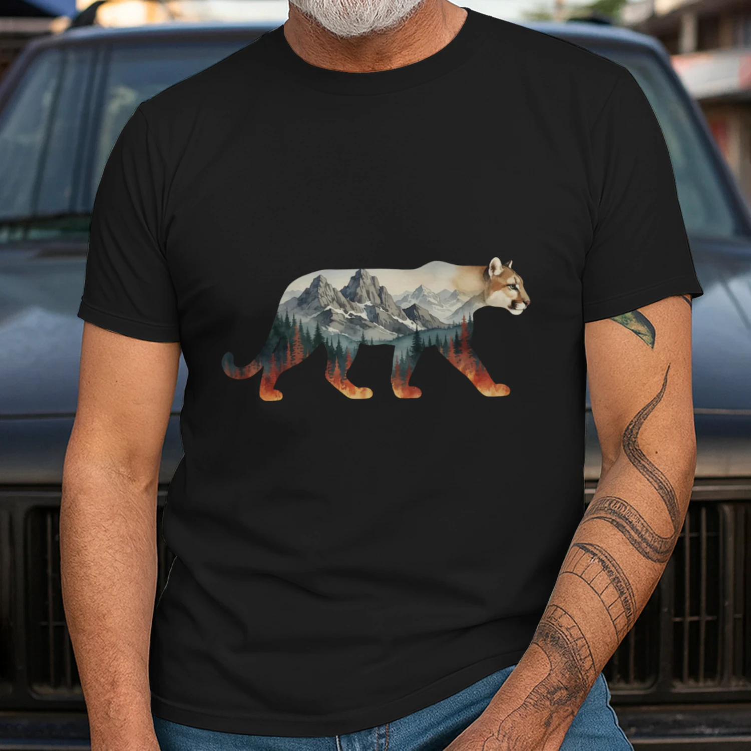 Majestic Mountain Lion Cougar Silhouette Mountain Forest Double Exposure Graphic