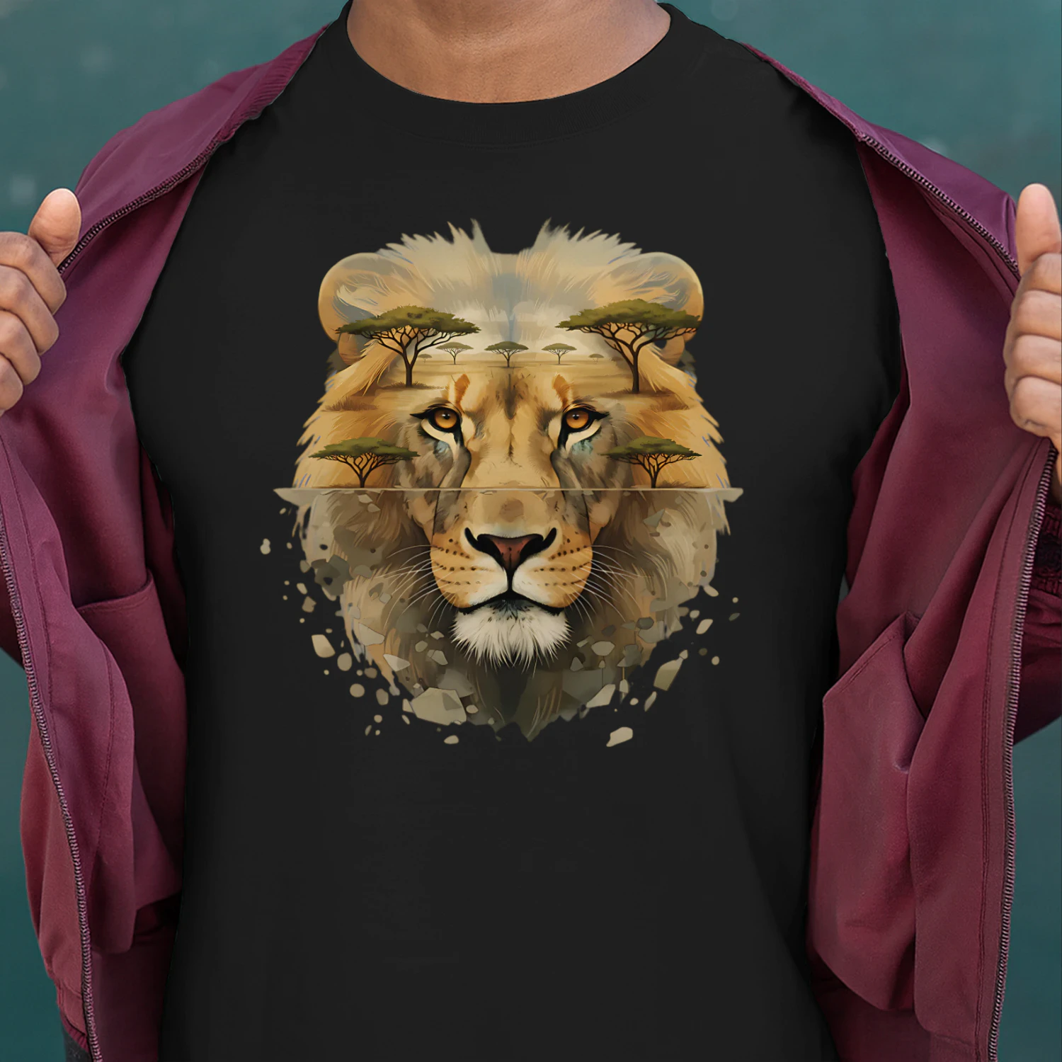 Majestic Lion African Savannah Acacia Trees Double Exposure Graphic