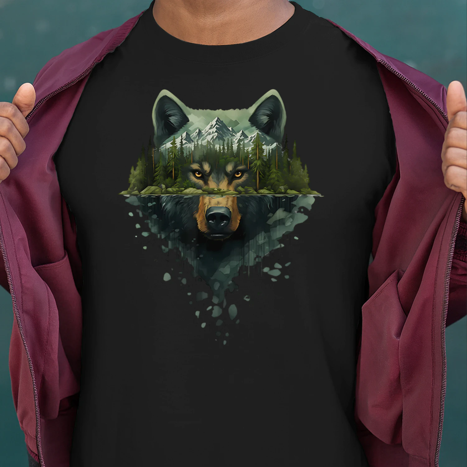 Majestic Wolf Mountain Forest Water Reflection Double Exposure Graphic