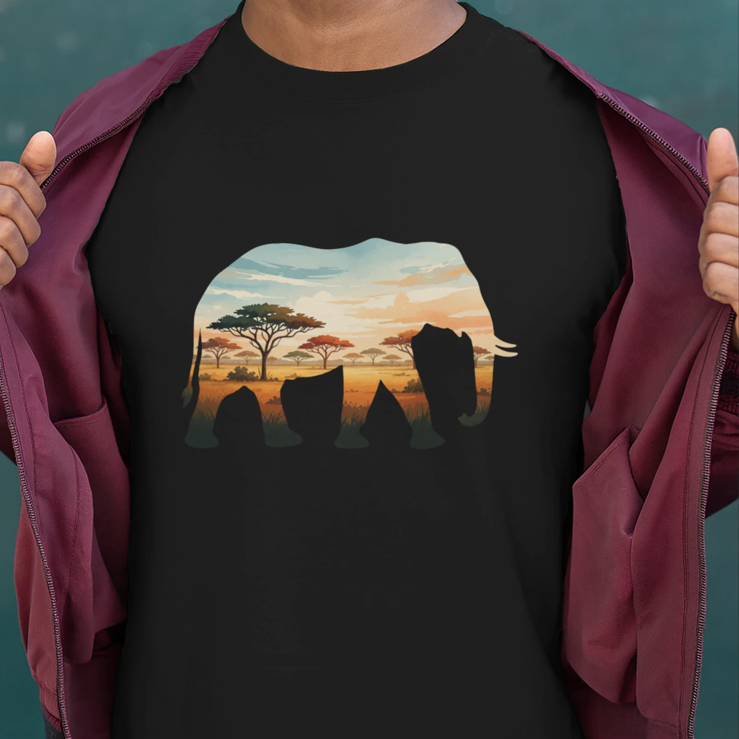 Majestic Elephant Silhouette African Savannah Sunset Acacia Trees Double Exposure Graphic