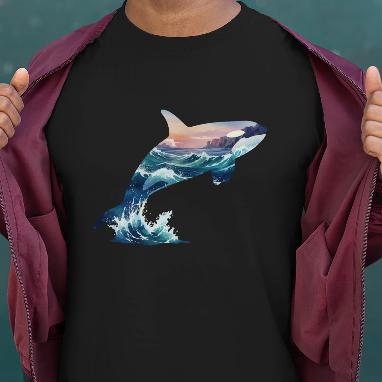 Majestic Jumping Orca Killer Whale Ocean Waves Sunset Double Exposure Graphic