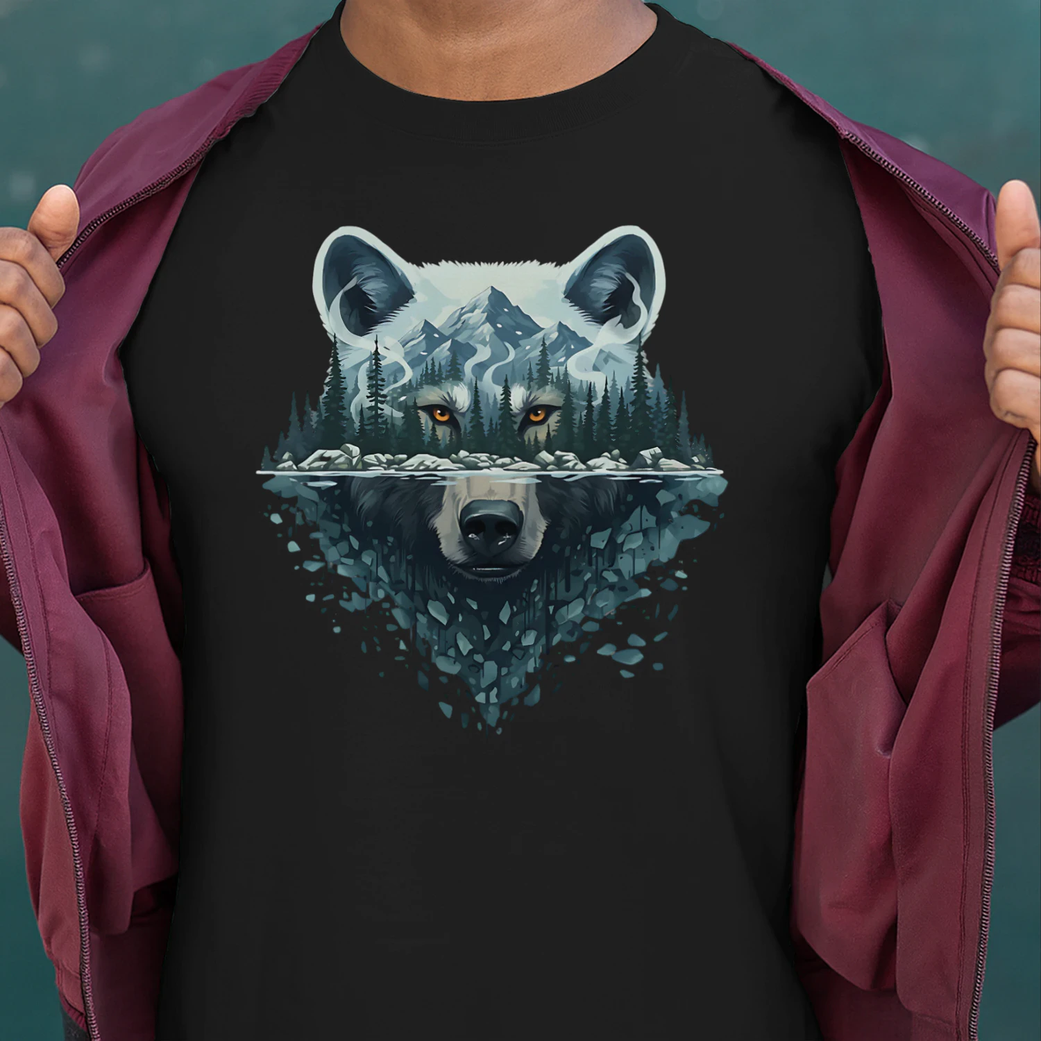 Majestic Wolf Snowy Mountain Forest Water Reflection Double Exposure Graphic