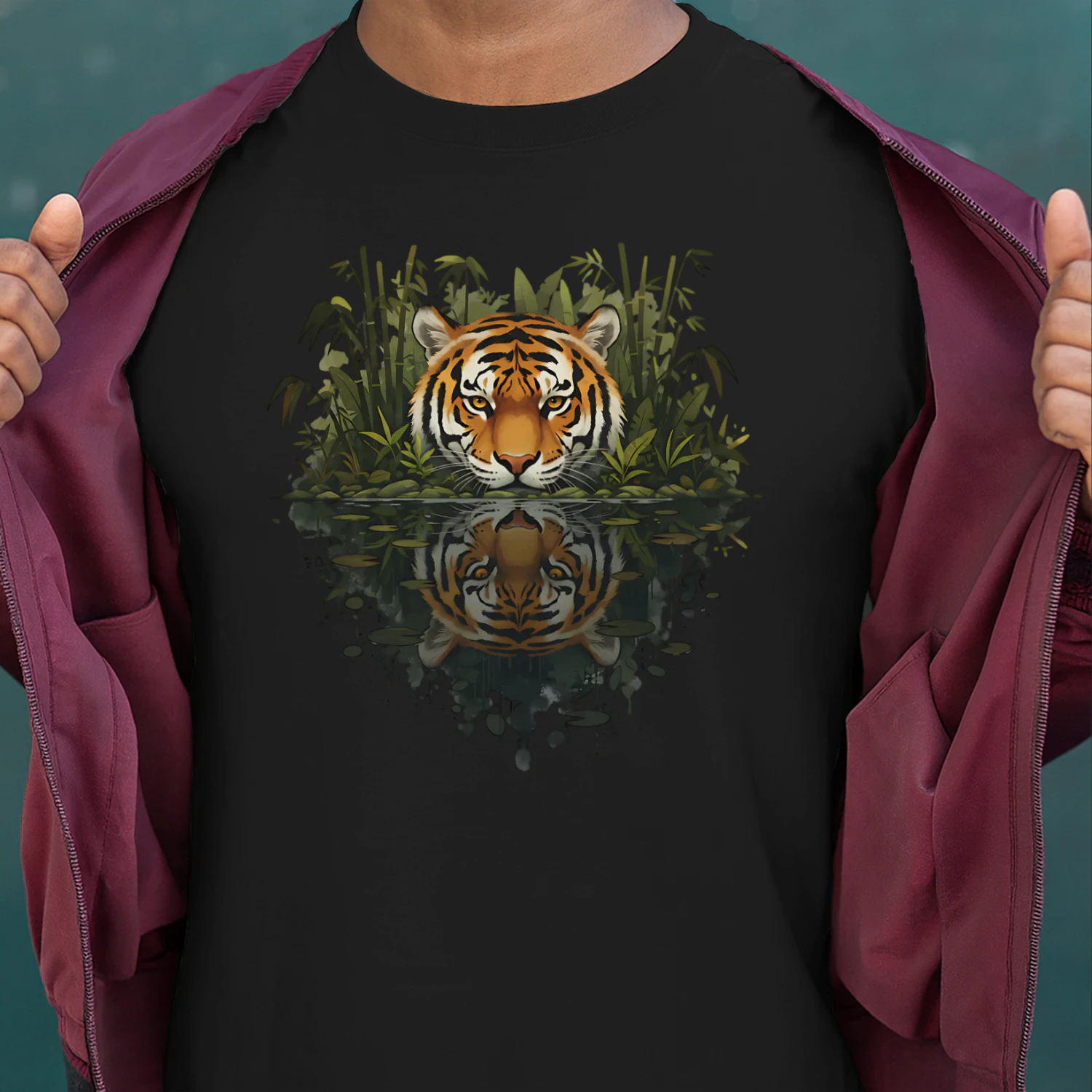 Majestic Tiger Jungle Bamboo Water Reflection Nature Graphic