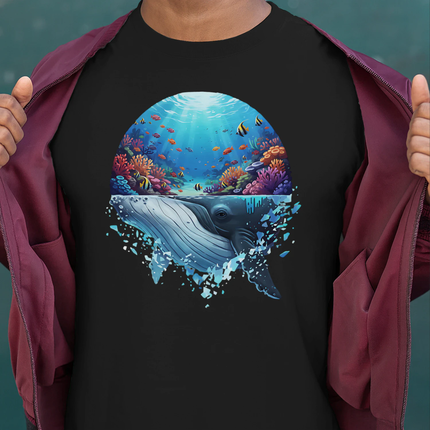 Majestic Humpback Whale Coral Reef Tropical Fish Ocean Life Double Exposure Graphic