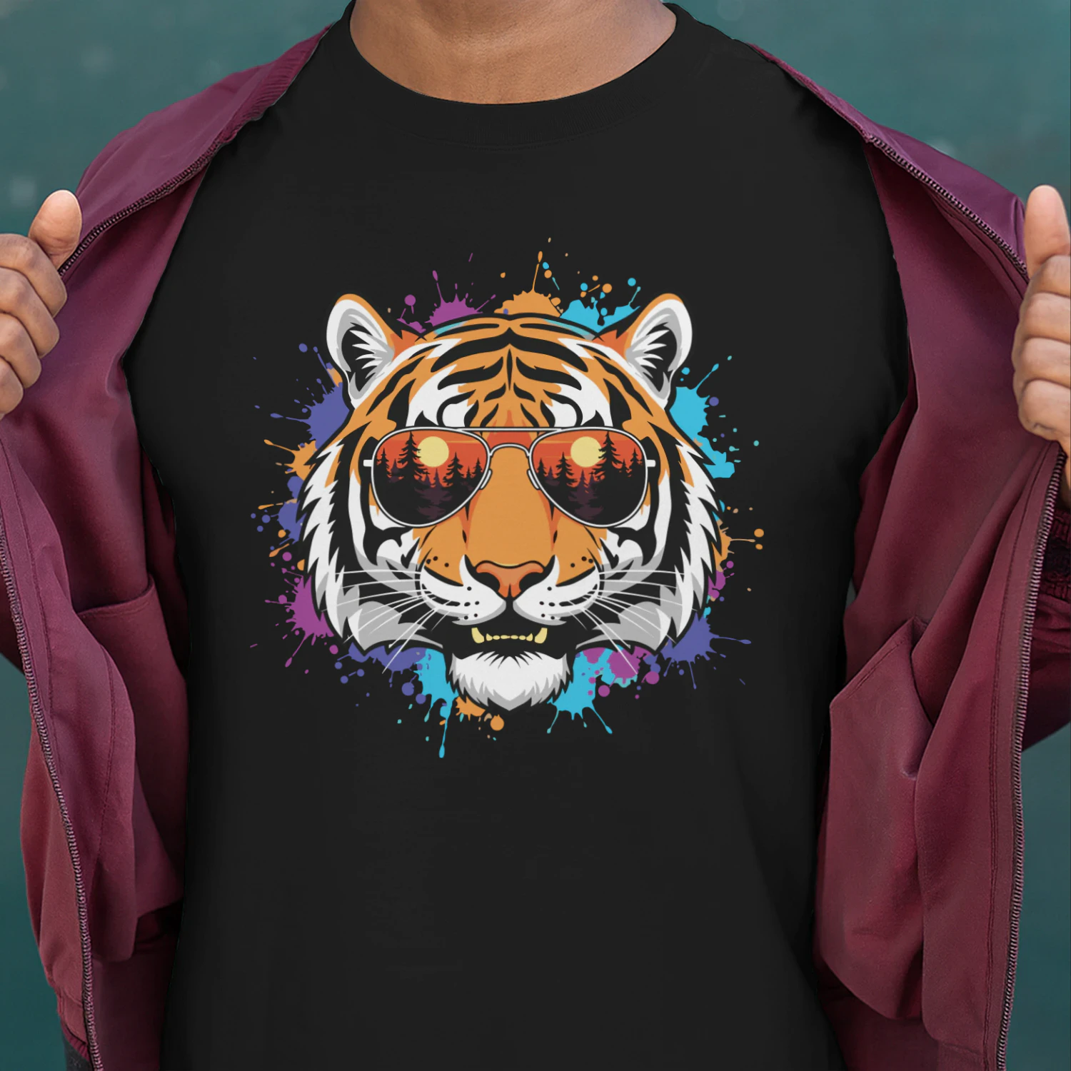 Colorful Tiger Aviator Sunglasses Paint Splatter Sunset Forest
