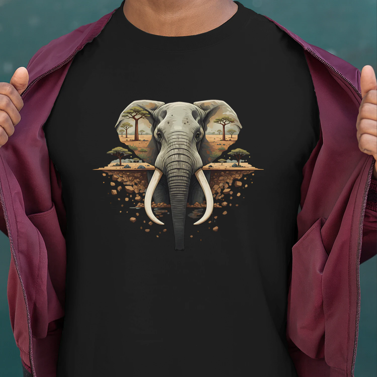 Majestic Elephant African Savannah Double Exposure Vintage Nature Graphic