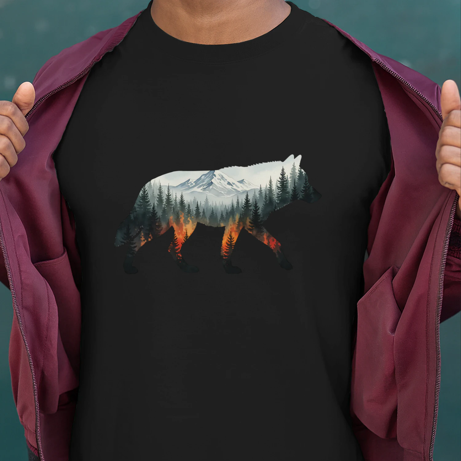 Majestic Wolf Silhouette Mountain Forest Fire Double Exposure Graphic