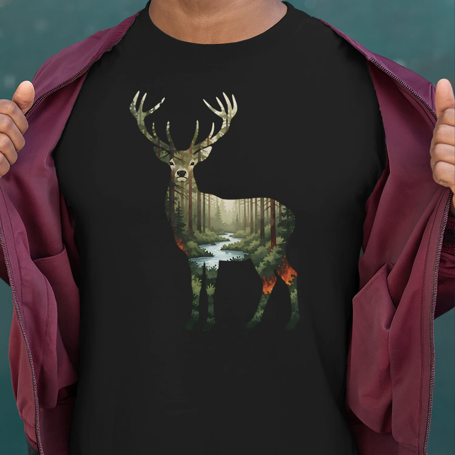 Majestic Buck Deer Silhouette Pine Forest River Stream Double Exposure Graphic