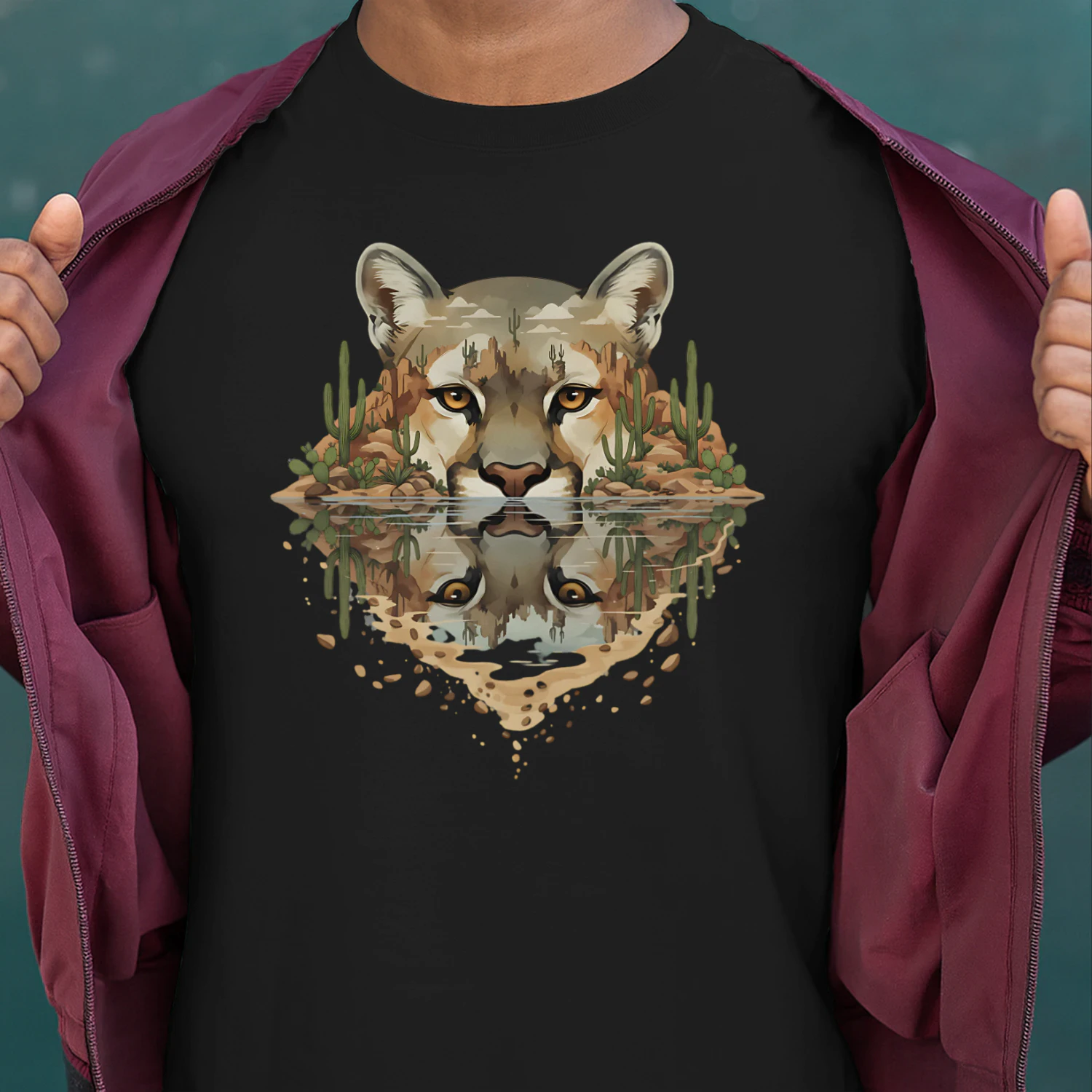 Cougar Mountain Lion Desert Cactus Water Reflection Double Exposure Graphic