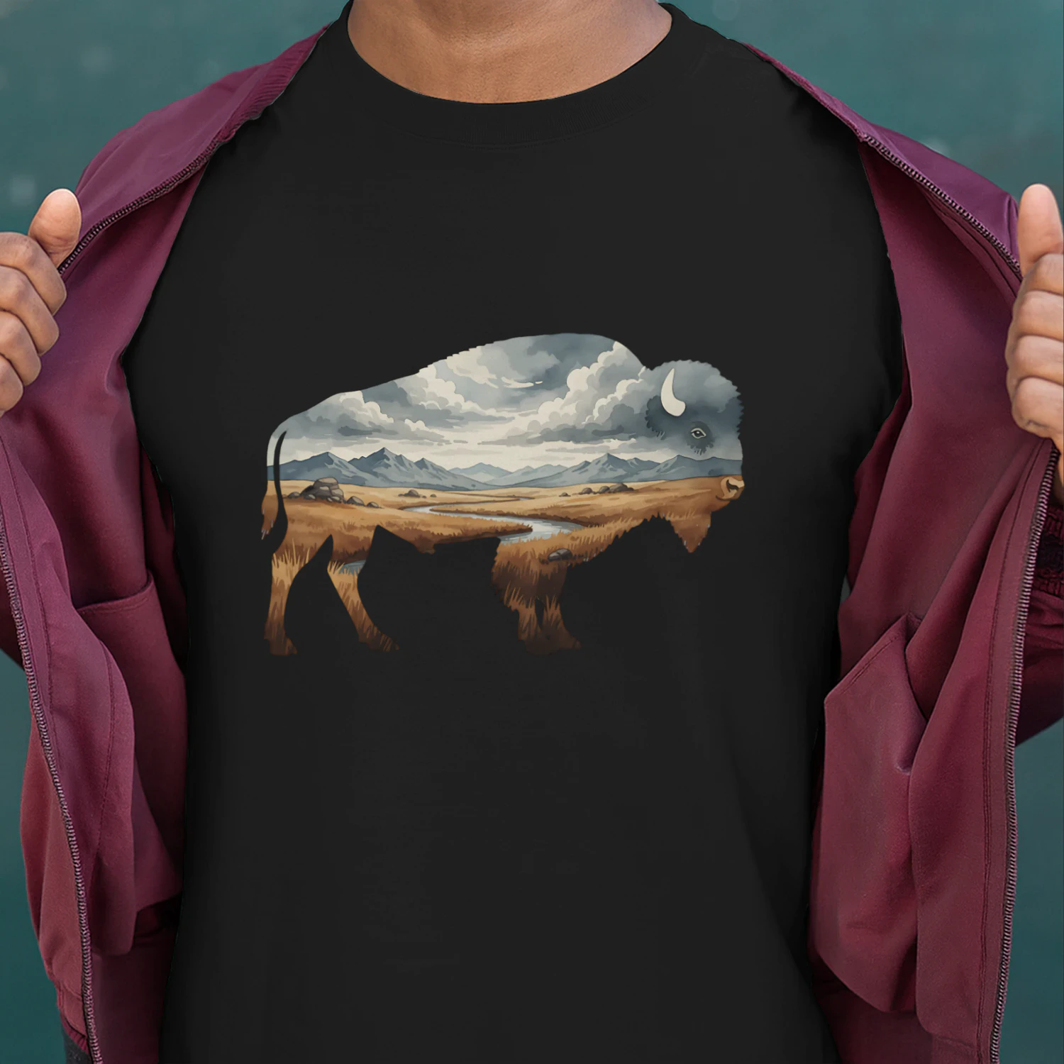 Majestic American Bison Buffalo Silhouette Great Plains Mountain River Double Exposure Graphic