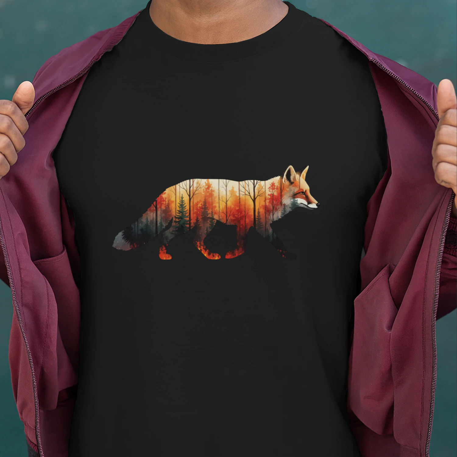 Majestic Red Fox Silhouette Autumn Forest Fall Double Exposure Graphic
