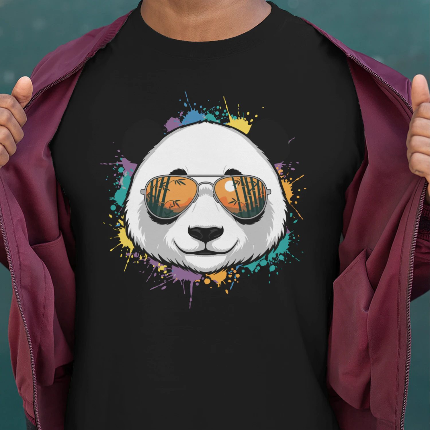 Colorful Panda Aviator Sunglasses Paint Splatter Bamboo Sunset