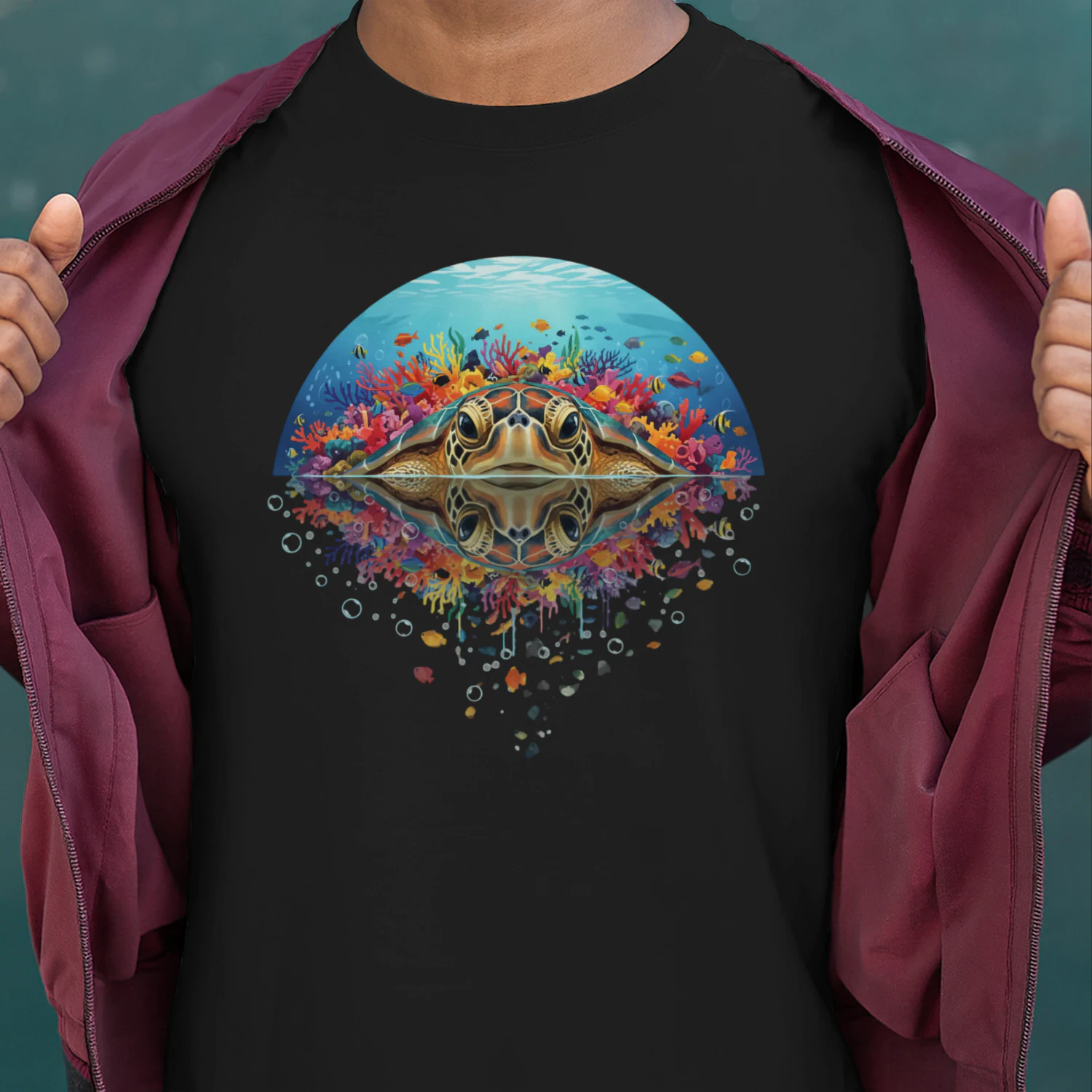 Majestic Sea Turtle Coral Reef Water Reflection Double Exposure Graphic
