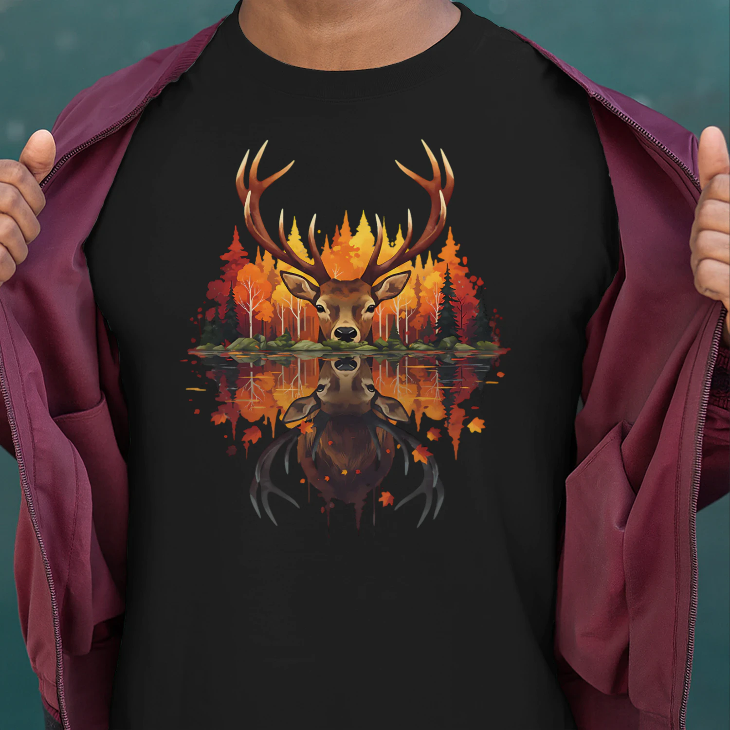 Majestic Buck Deer Autumn Forest Water Reflection Fall Nature Graphic