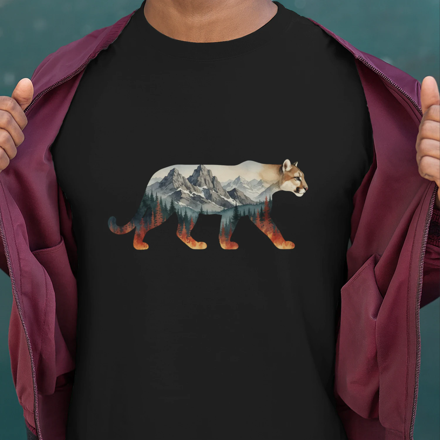 Majestic Mountain Lion Cougar Silhouette Mountain Forest Double Exposure Graphic