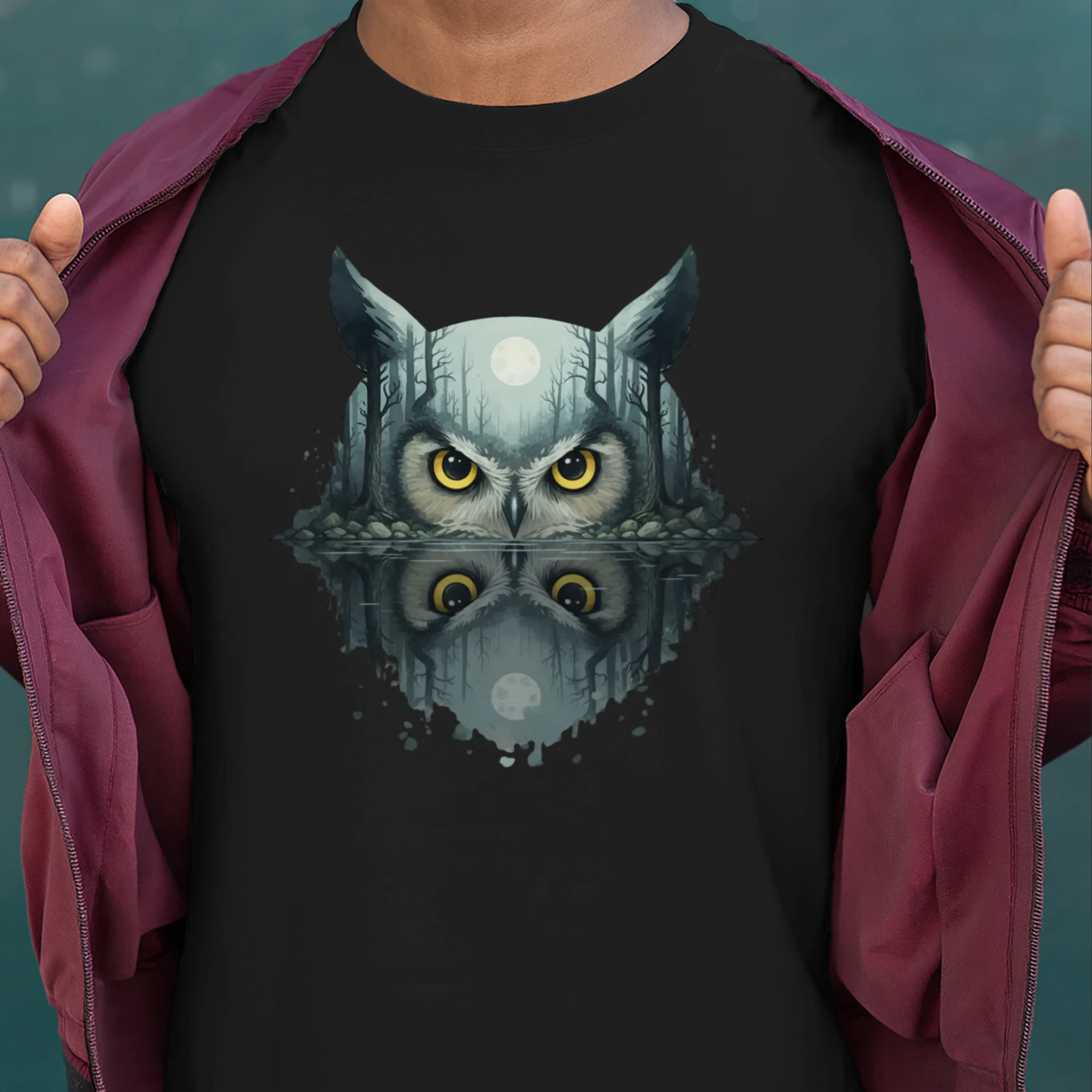 Mysterious Owl Night Forest Full Moon Water Reflection Double Exposure Graphic