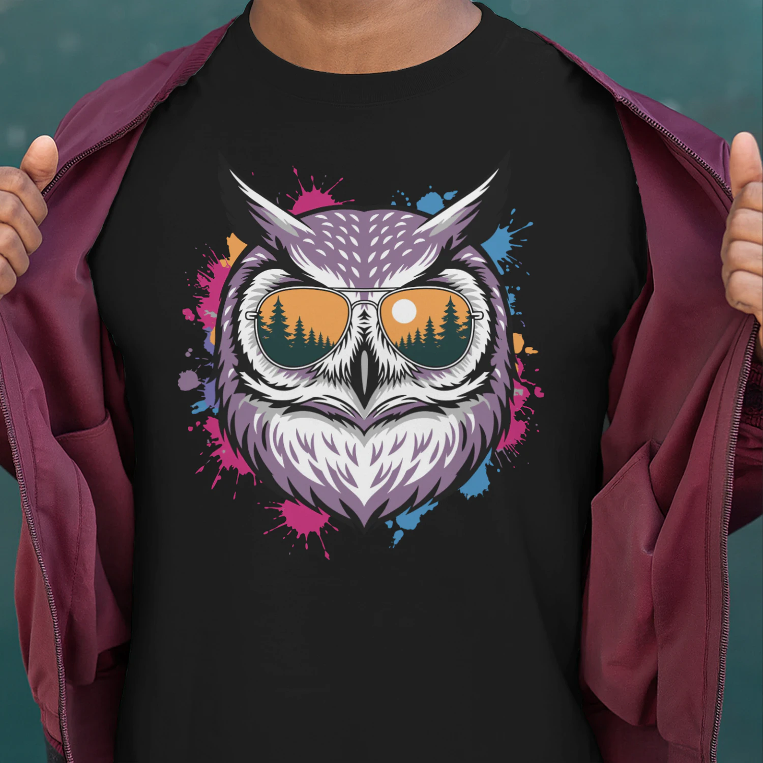 Colorful Owl Aviator Sunglasses Paint Splatter Sunset Forest