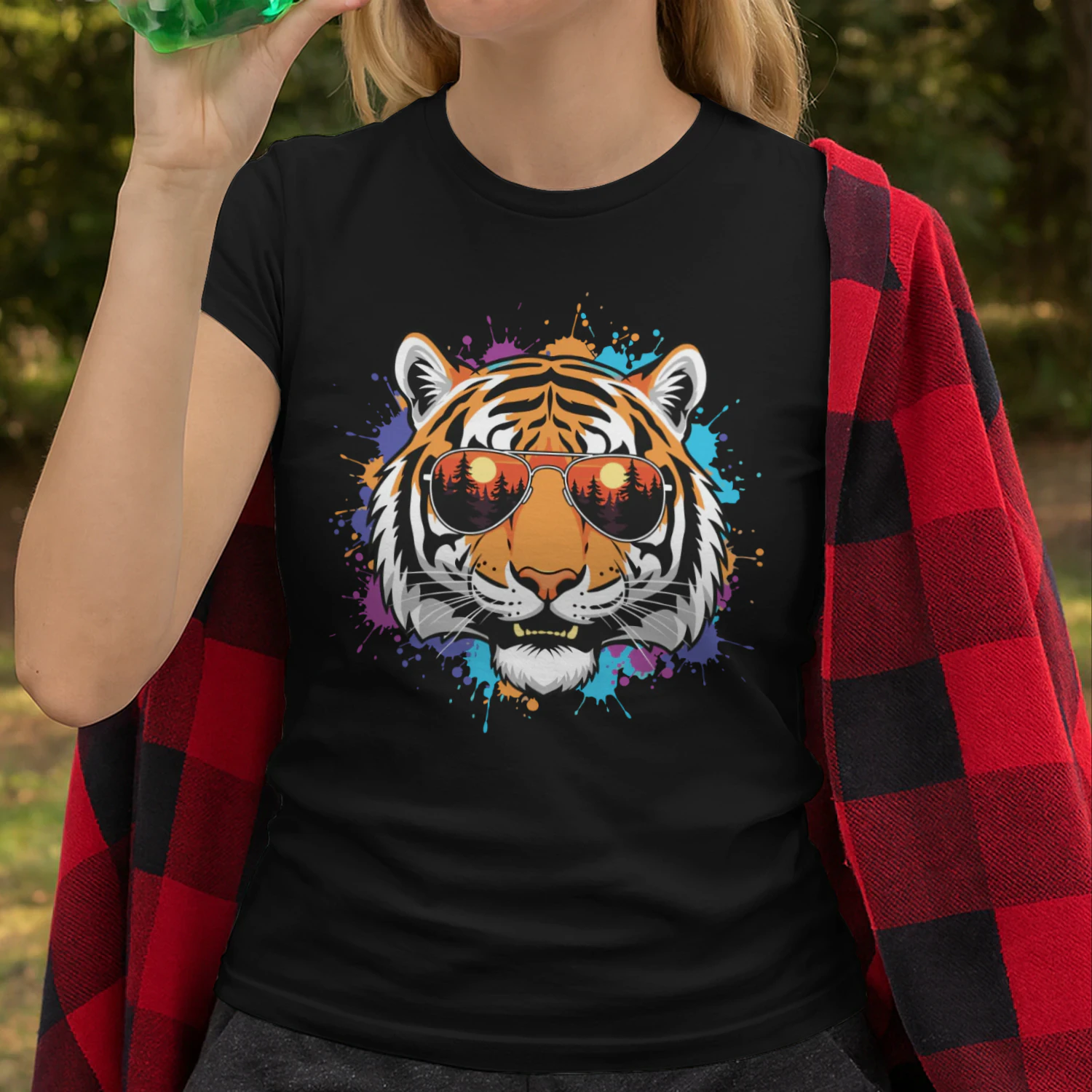 Colorful Tiger Aviator Sunglasses Paint Splatter Sunset Forest