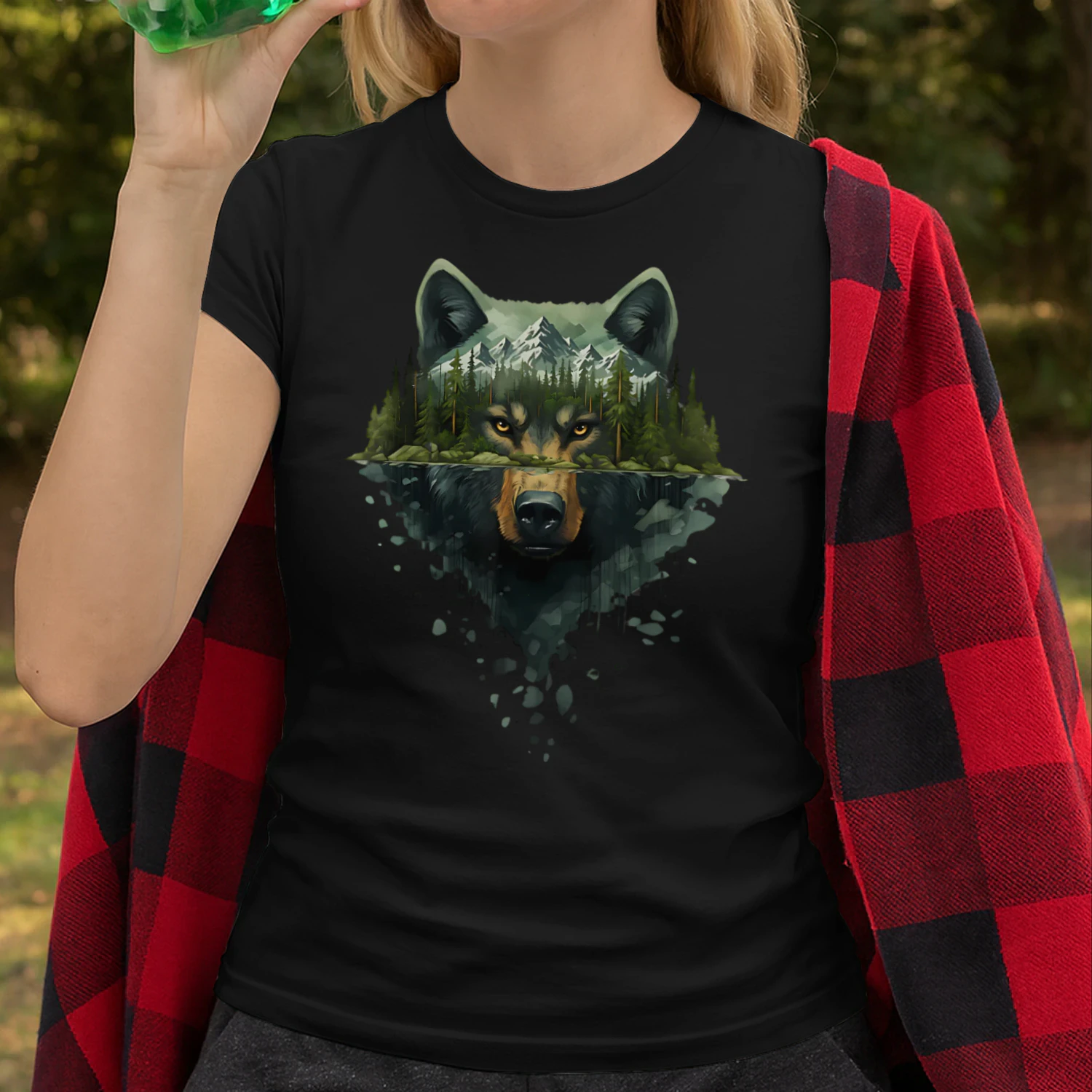 Majestic Wolf Mountain Forest Water Reflection Double Exposure Graphic