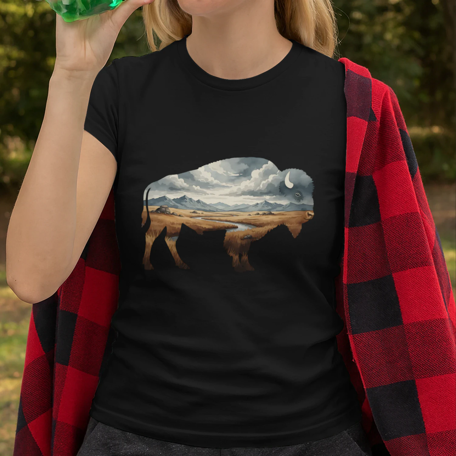 Majestic American Bison Buffalo Silhouette Great Plains Mountain River Double Exposure Graphic