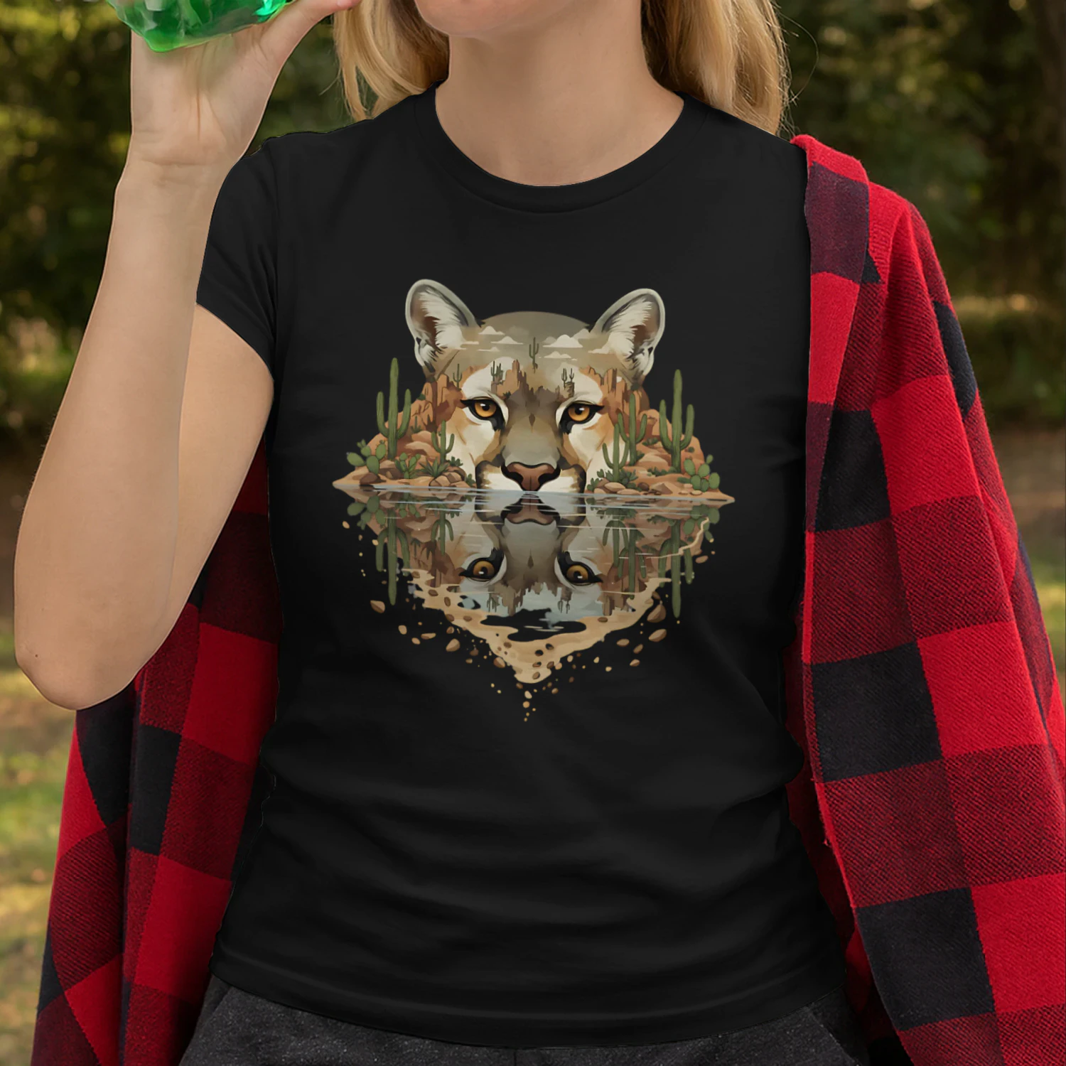 Cougar Mountain Lion Desert Cactus Water Reflection Double Exposure Graphic