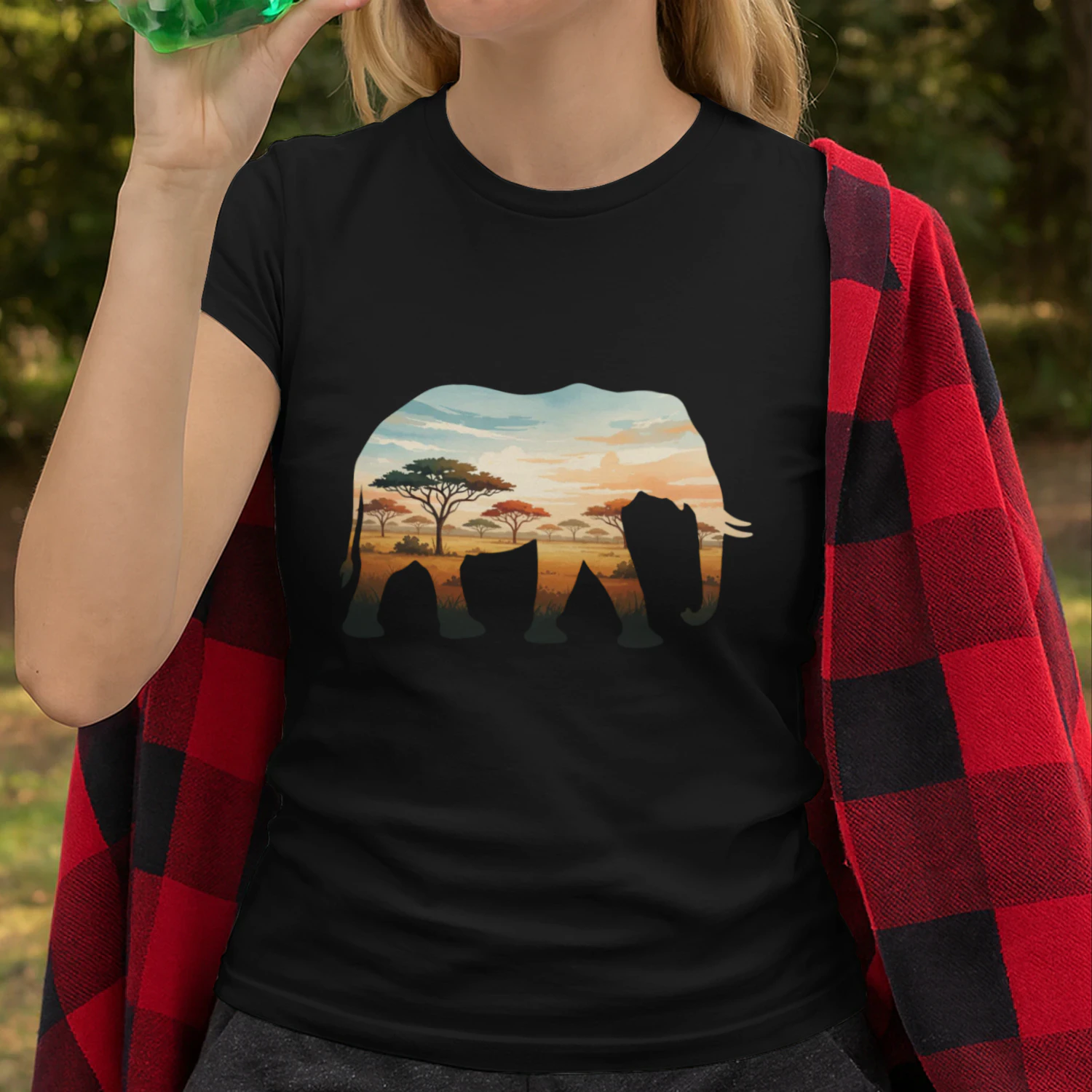 Majestic Elephant Silhouette African Savannah Sunset Acacia Trees Double Exposure Graphic