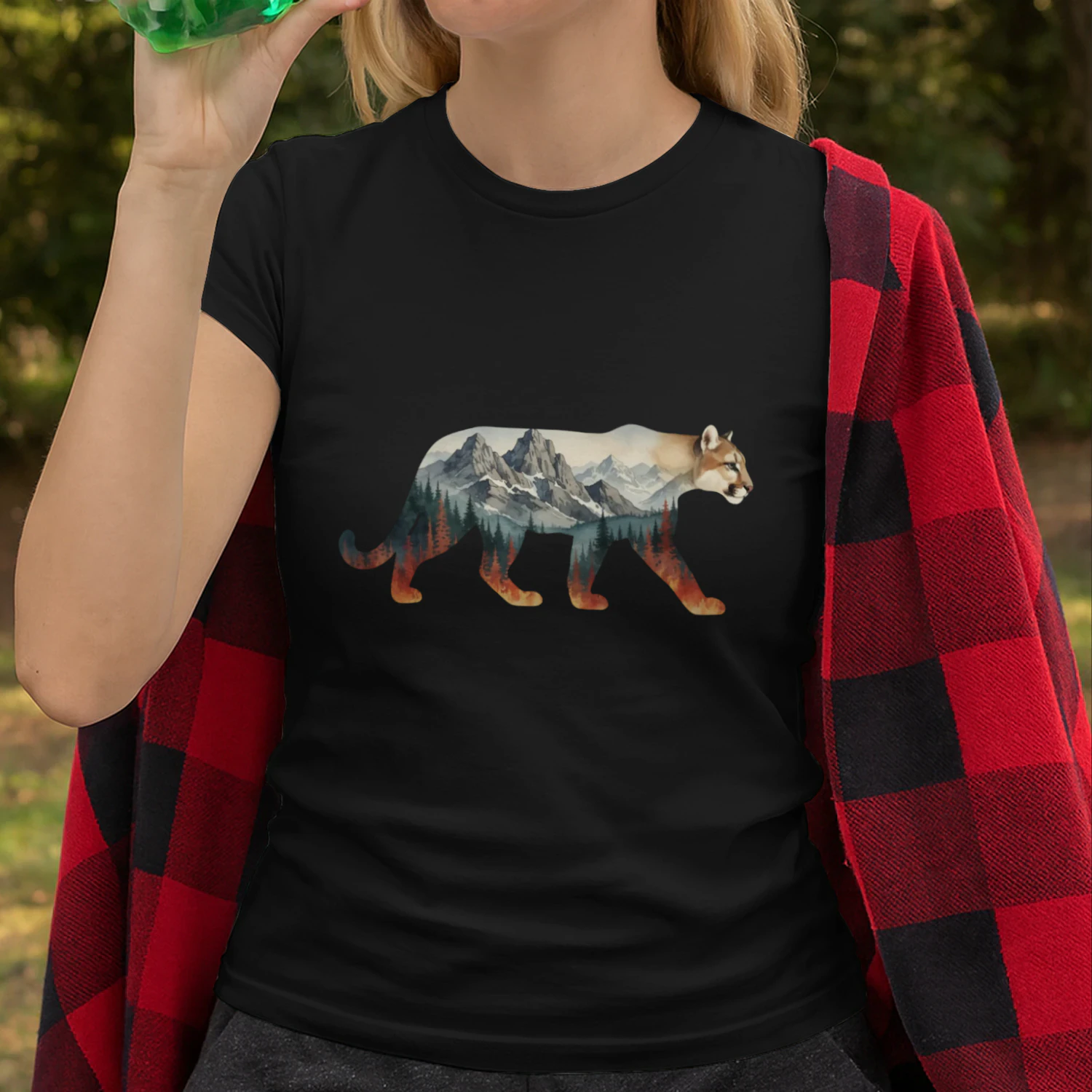 Majestic Mountain Lion Cougar Silhouette Mountain Forest Double Exposure Graphic