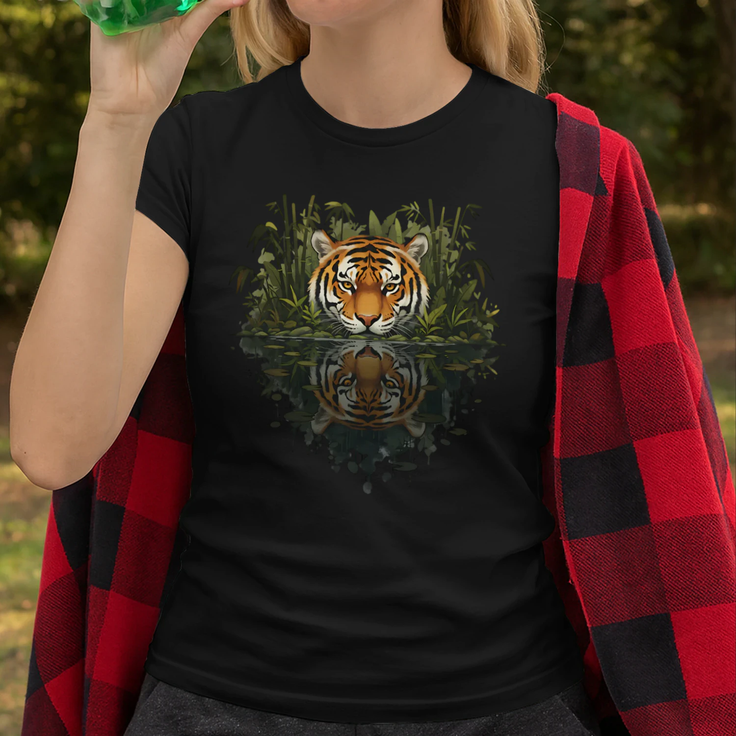 Majestic Tiger Jungle Bamboo Water Reflection Nature Graphic