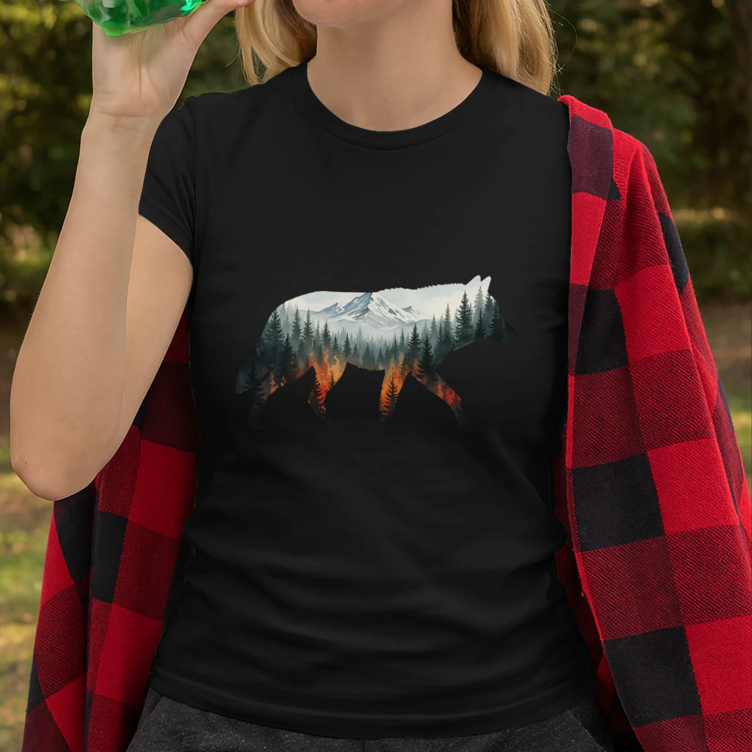Majestic Wolf Silhouette Mountain Forest Fire Double Exposure Graphic