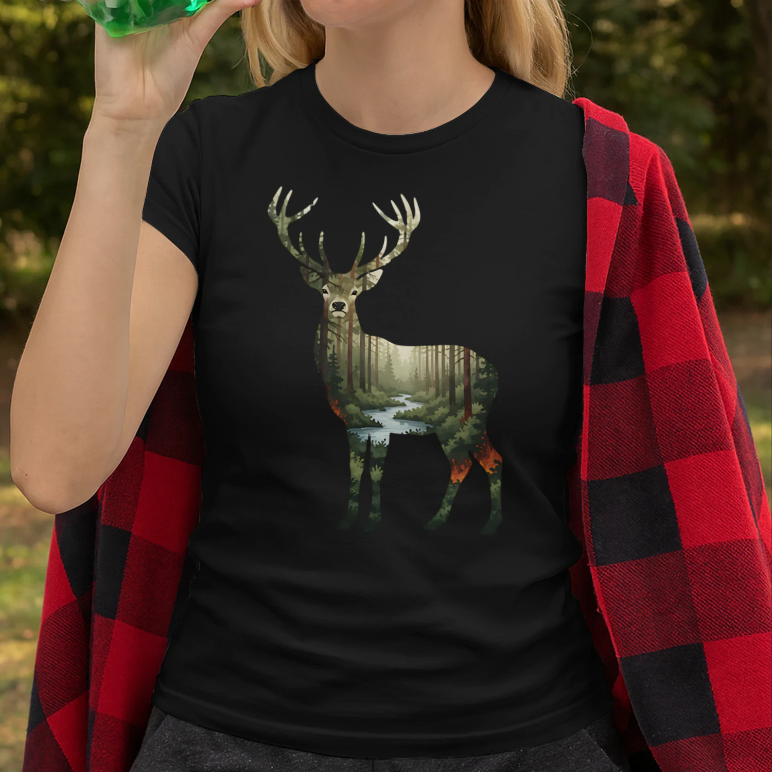 Majestic Buck Deer Silhouette Pine Forest River Stream Double Exposure Graphic