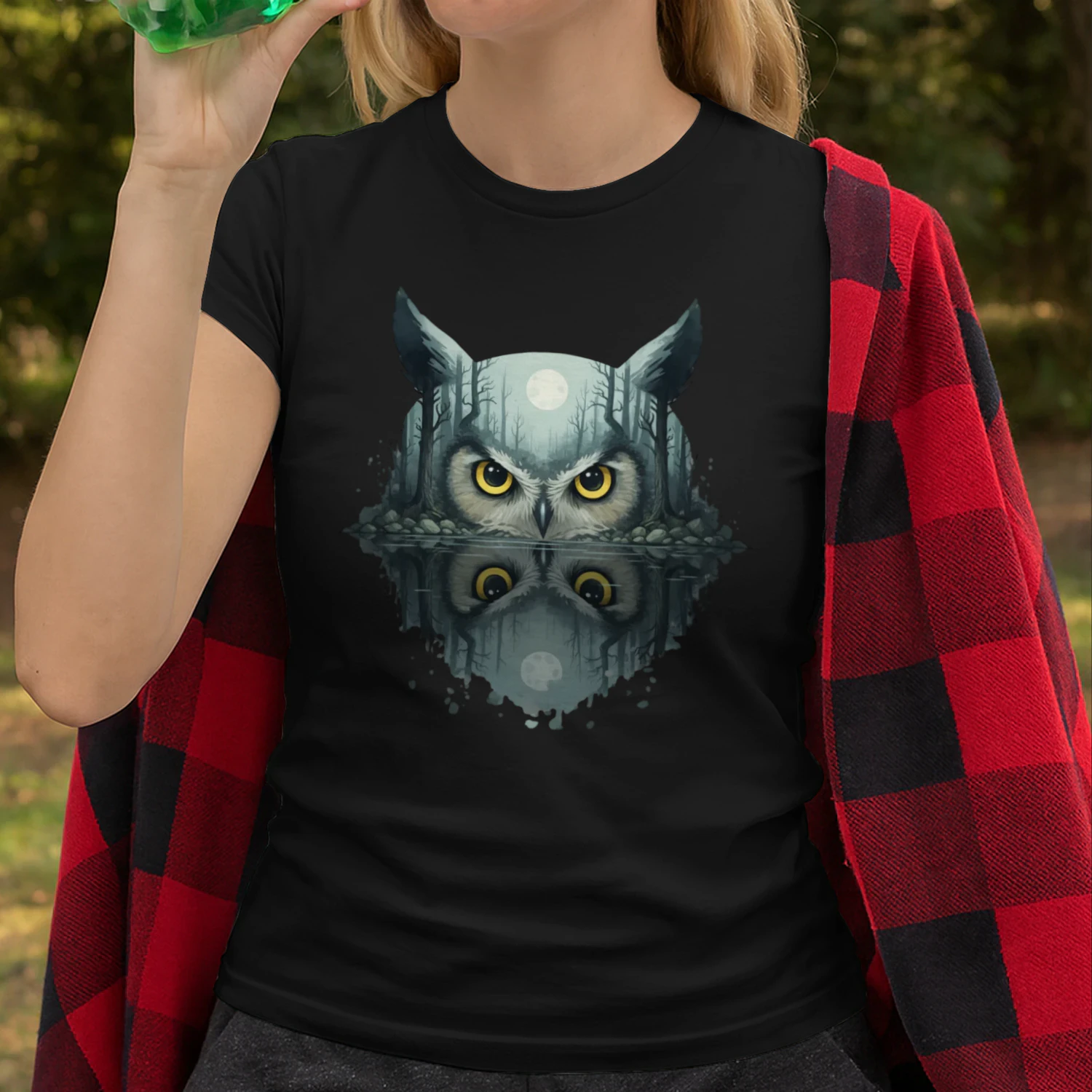 Mysterious Owl Night Forest Full Moon Water Reflection Double Exposure Graphic