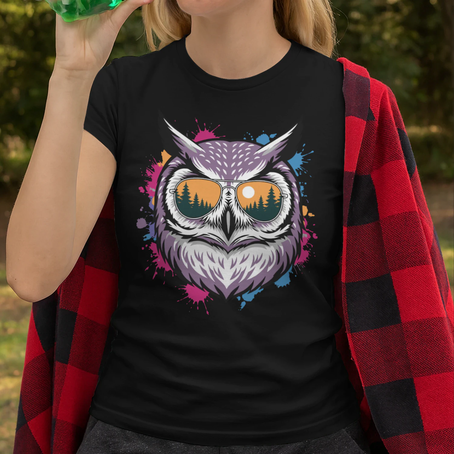 Colorful Owl Aviator Sunglasses Paint Splatter Sunset Forest