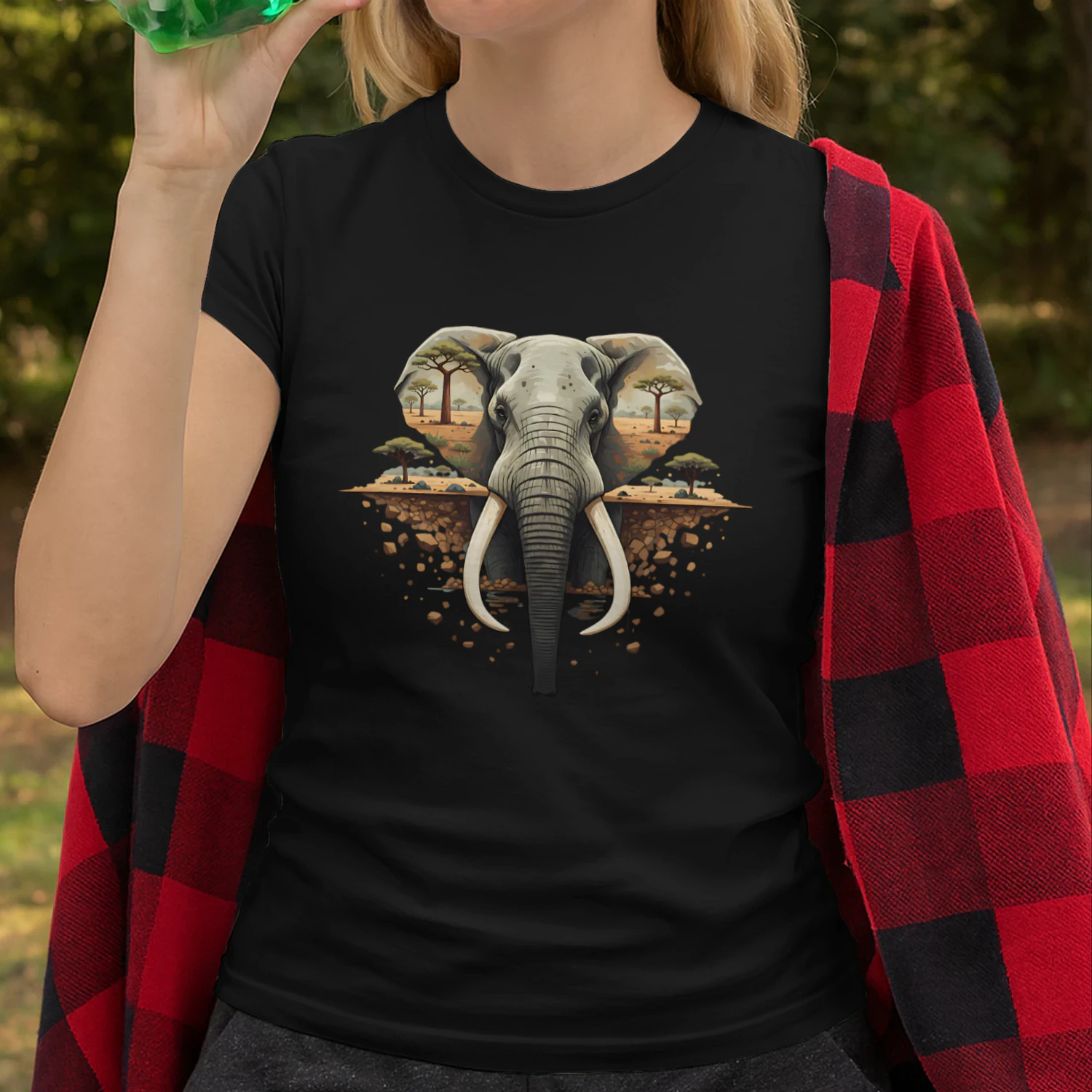 Majestic Elephant African Savannah Double Exposure Vintage Nature Graphic