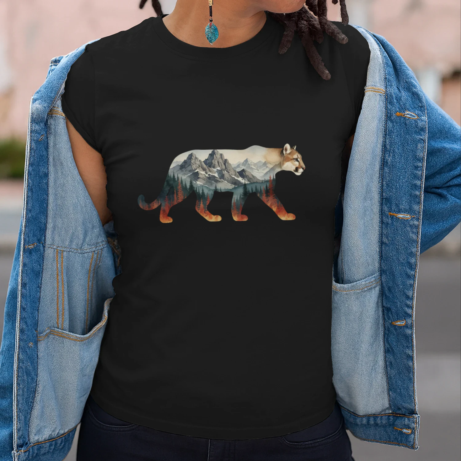 Majestic Mountain Lion Cougar Silhouette Mountain Forest Double Exposure Graphic