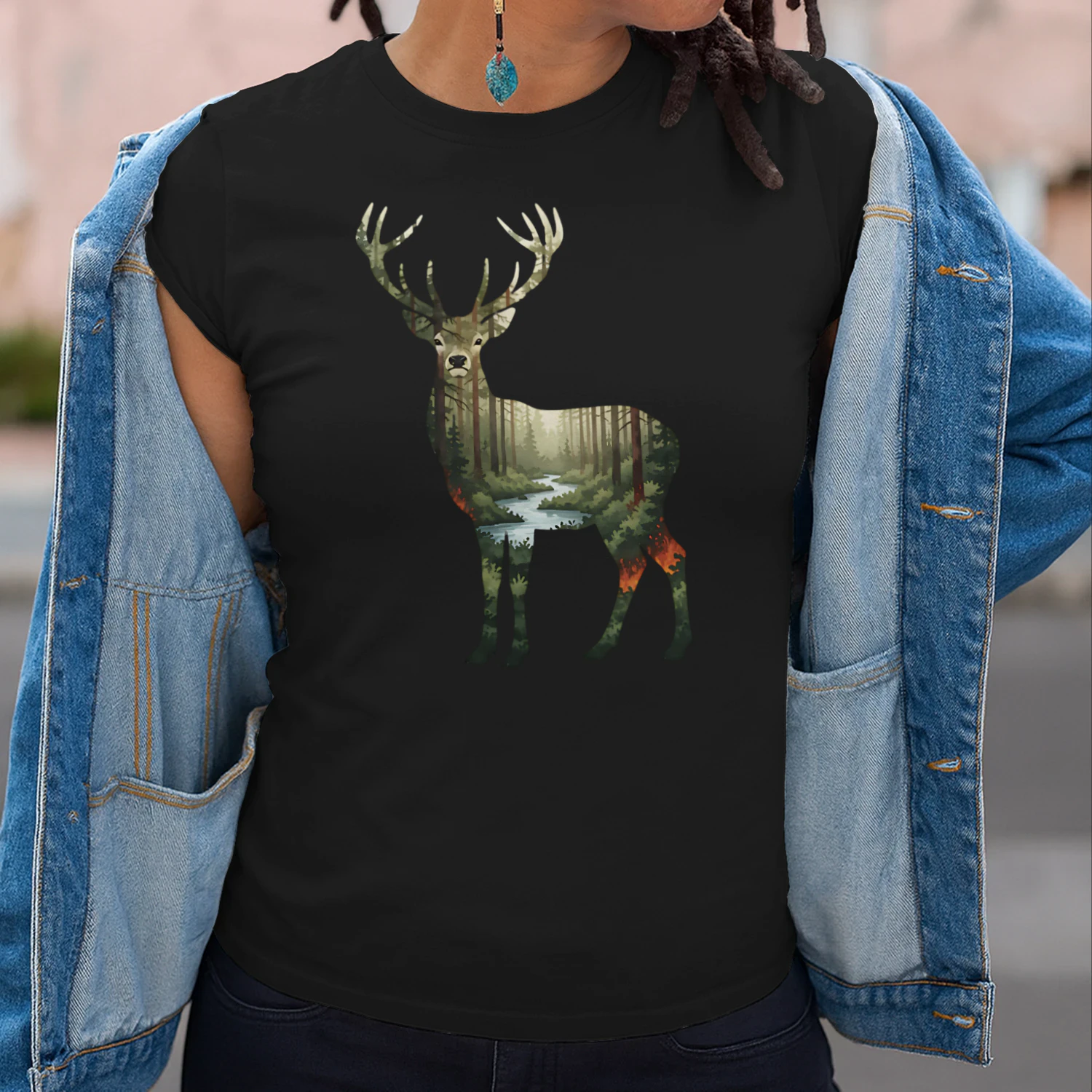 Majestic Buck Deer Silhouette Pine Forest River Stream Double Exposure Graphic