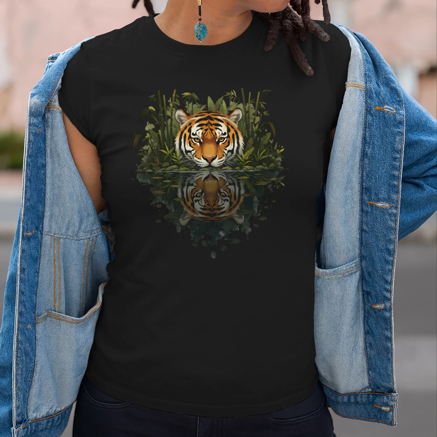 Majestic Tiger Jungle Bamboo Water Reflection Nature Graphic