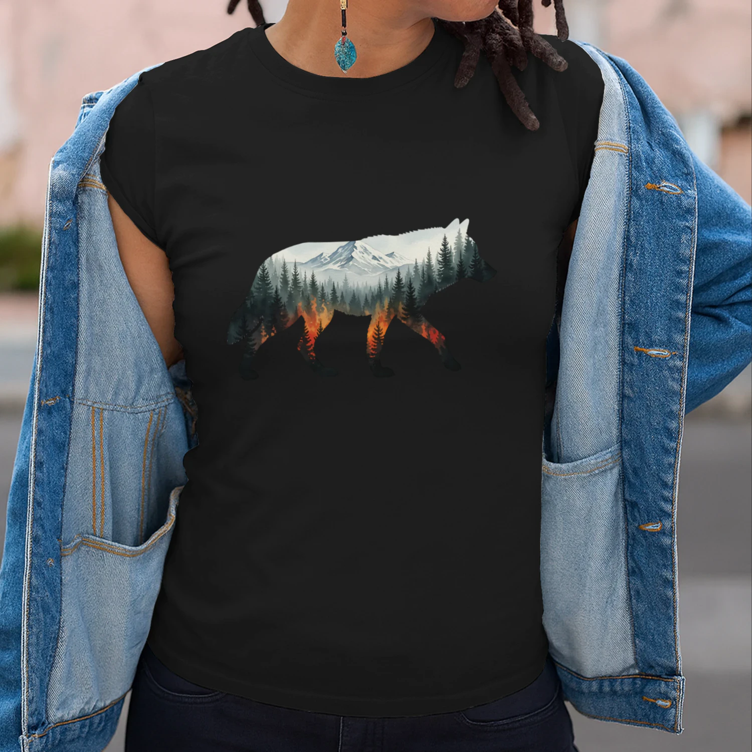 Majestic Wolf Silhouette Mountain Forest Fire Double Exposure Graphic