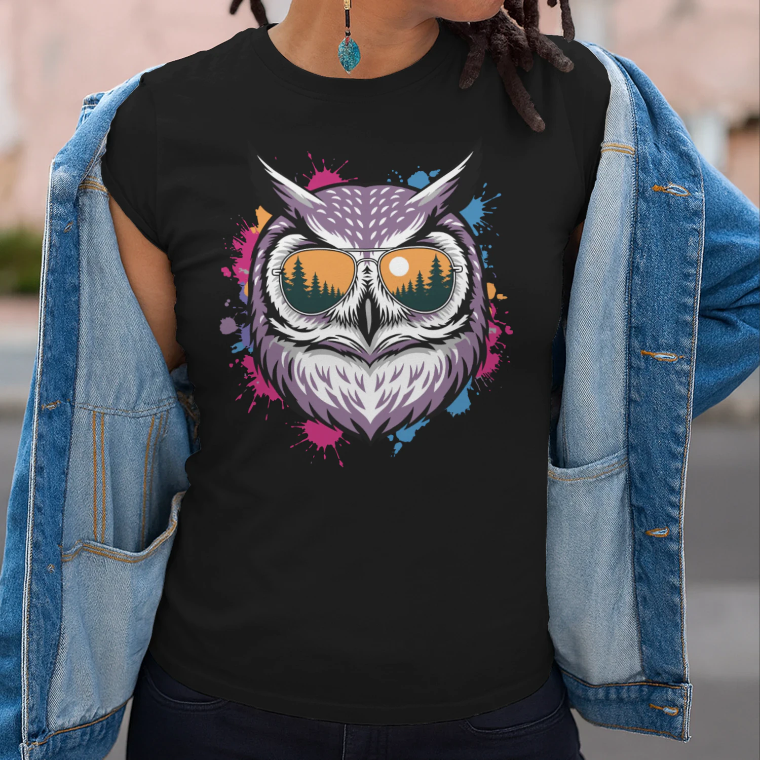 Colorful Owl Aviator Sunglasses Paint Splatter Sunset Forest