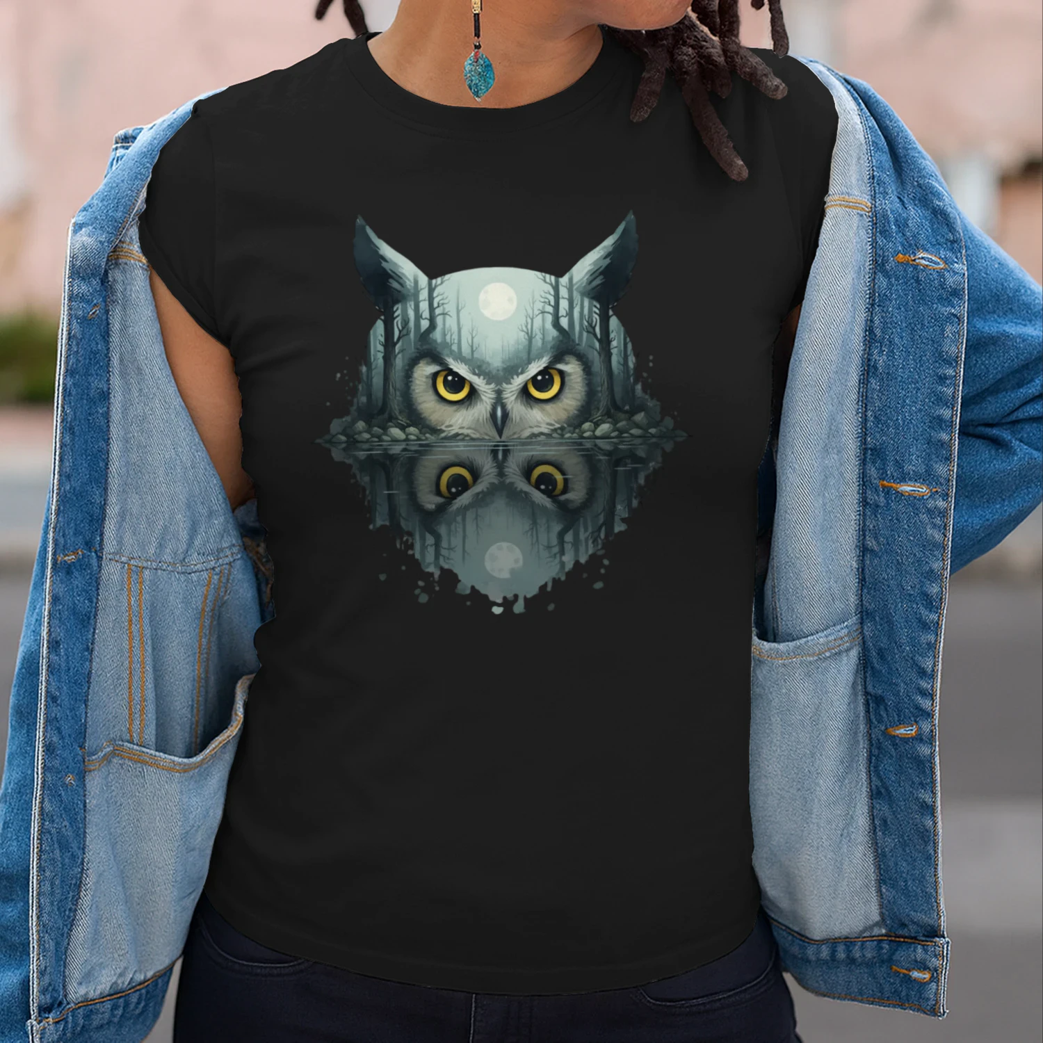Mysterious Owl Night Forest Full Moon Water Reflection Double Exposure Graphic