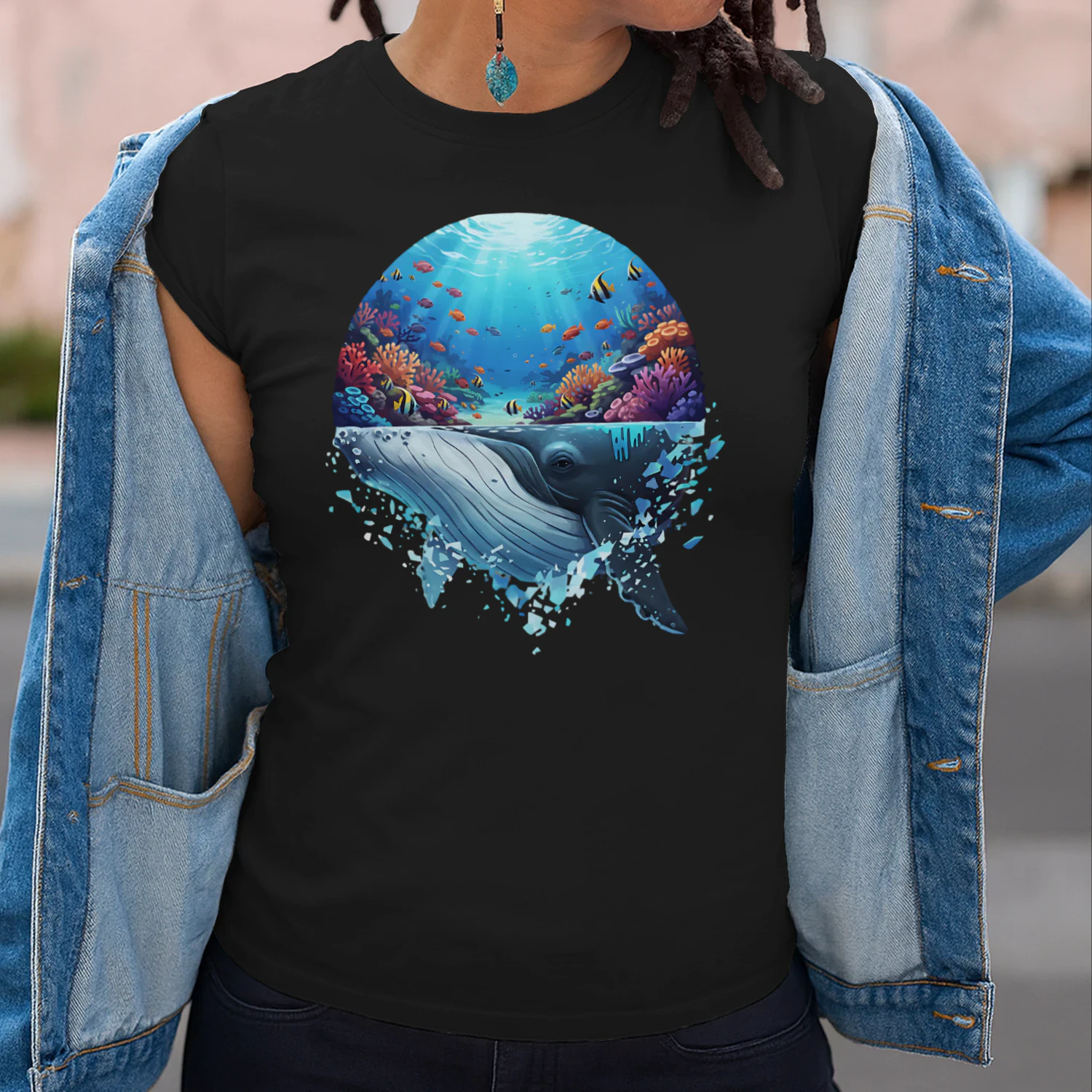 Majestic Humpback Whale Coral Reef Tropical Fish Ocean Life Double Exposure Graphic