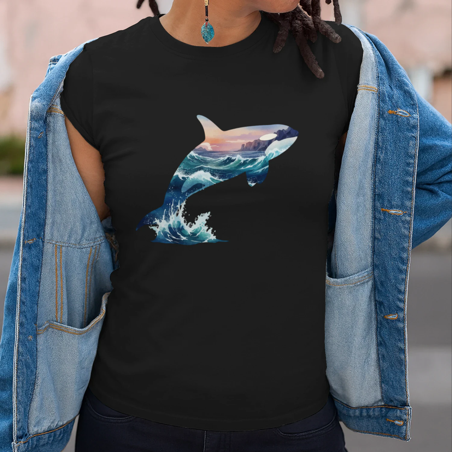 Majestic Jumping Orca Killer Whale Ocean Waves Sunset Double Exposure Graphic