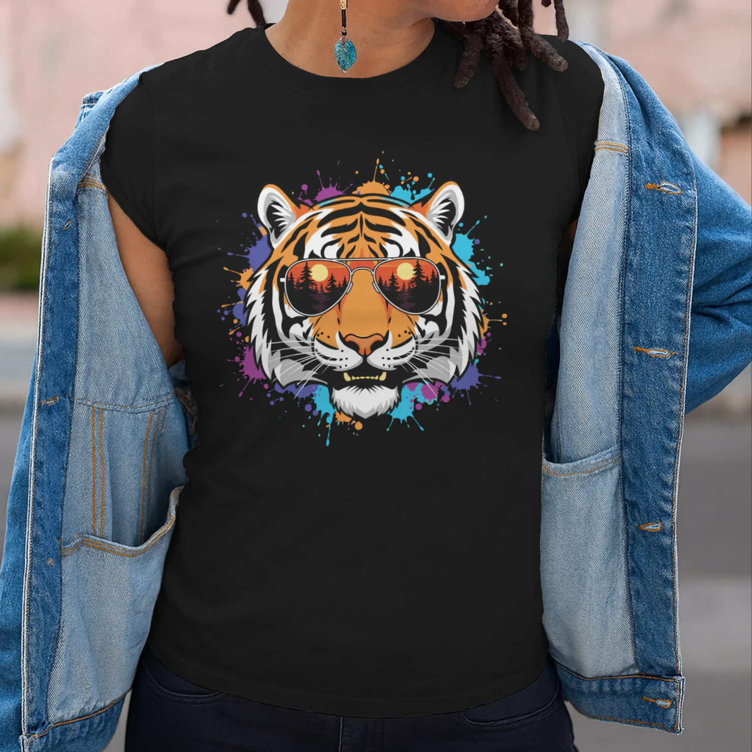 Colorful Tiger Aviator Sunglasses Paint Splatter Sunset Forest