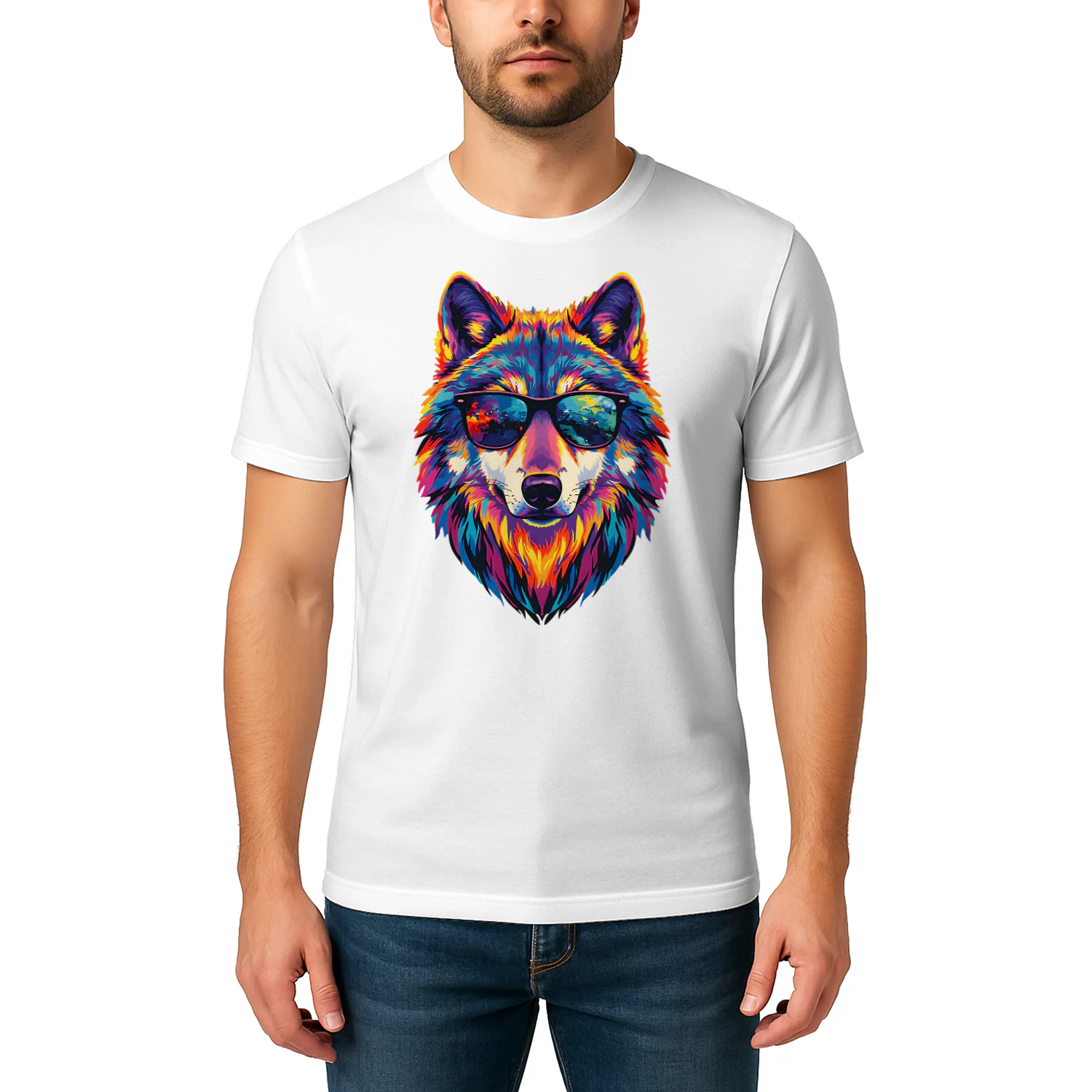 Cool Colorful Wolf Wearing Black Sunglasses Pop Art Retro Wolf Head Graphic